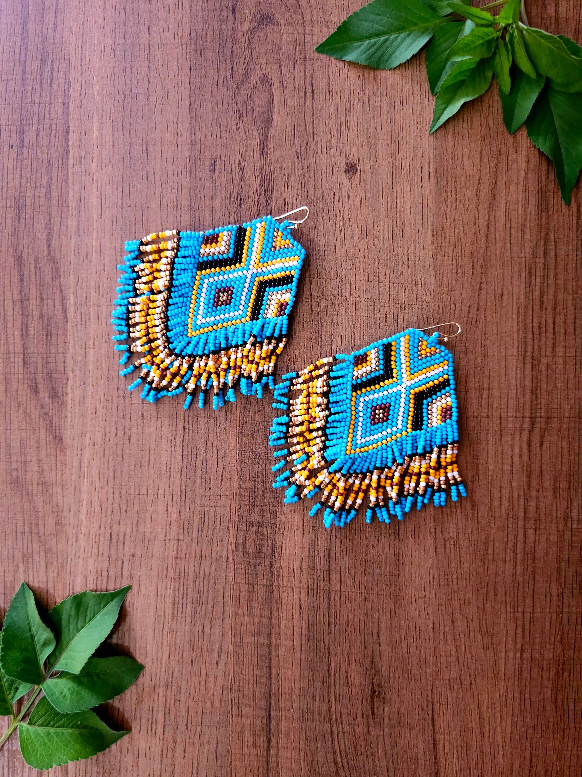 Azure Diamond Earrings with Handcrafted Beaded Design