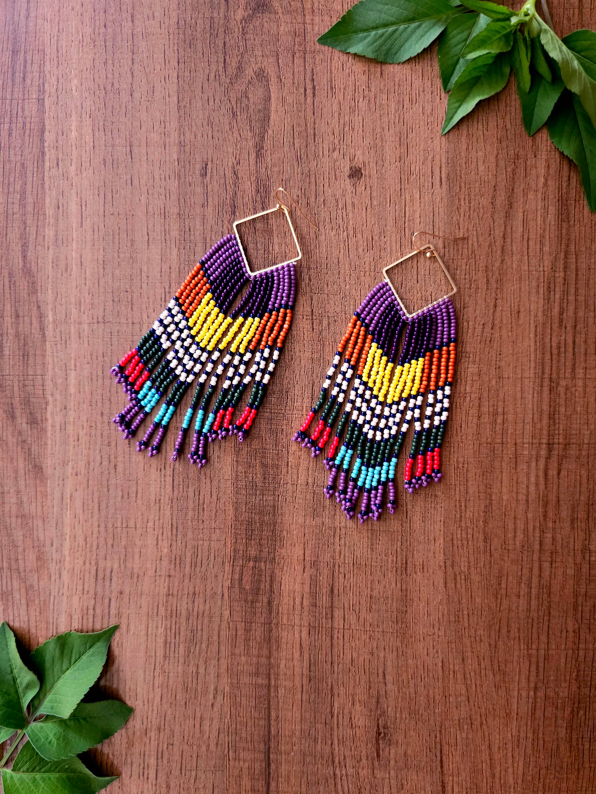Tribal Elegance Earrings with Colorful Beads and Gold Frames