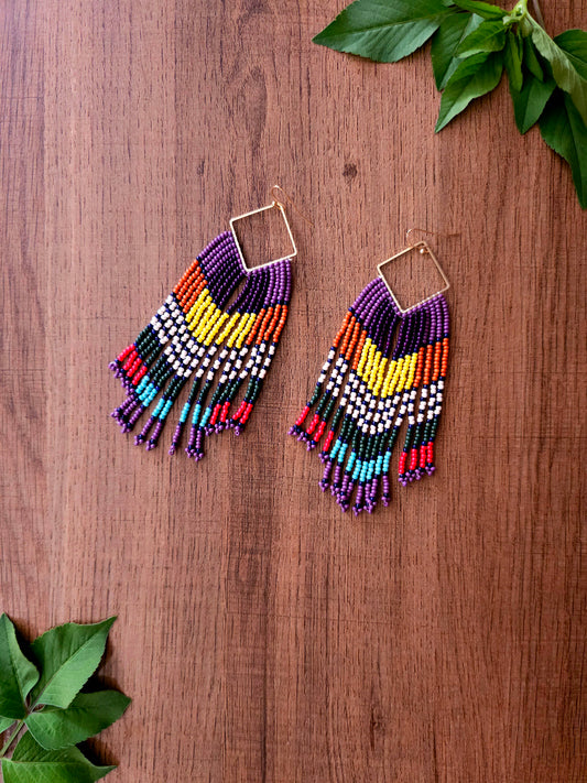 Tribal Elegance Earrings with Colorful Beads and Gold Frames