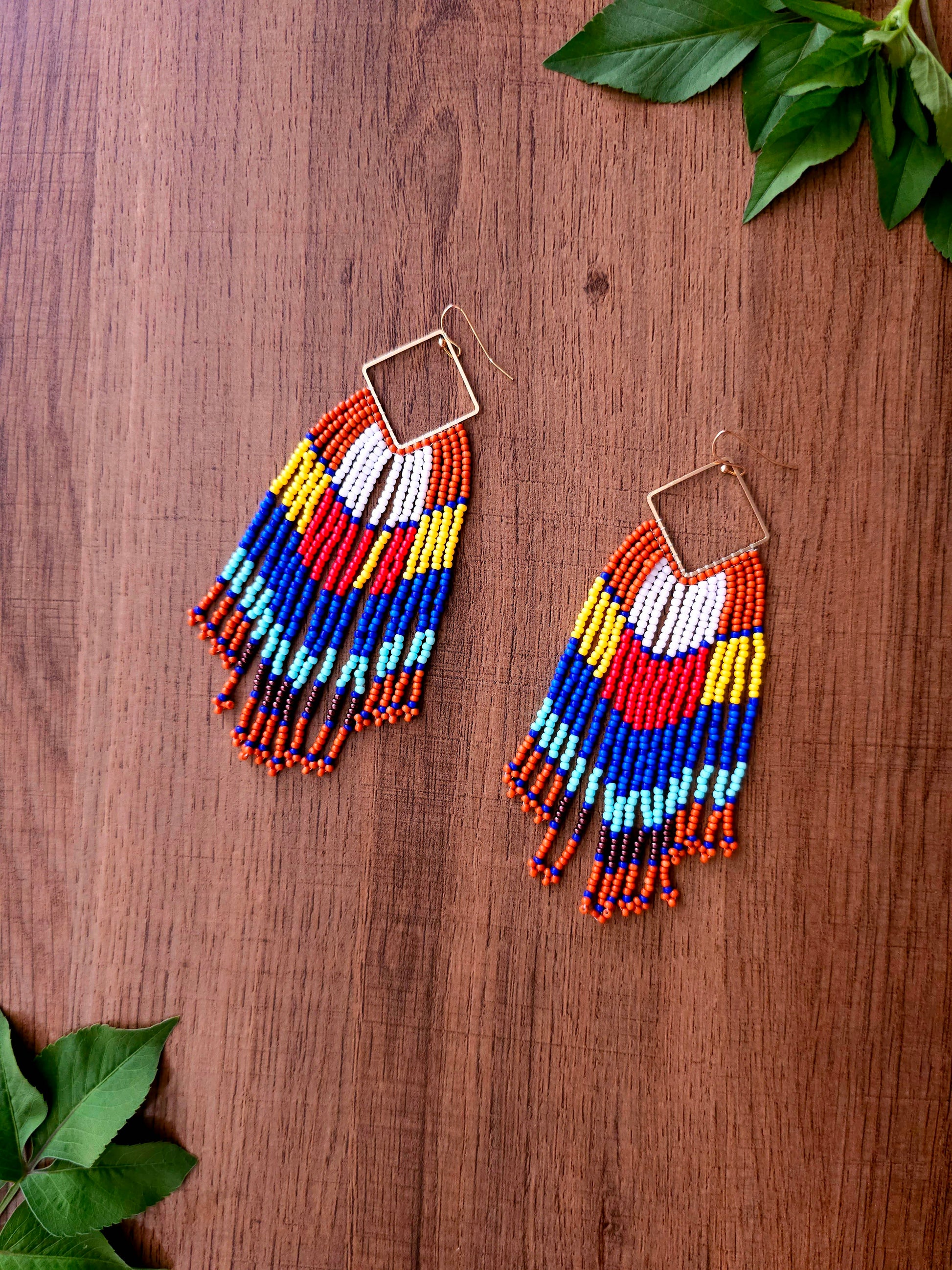 Tribal Sunset Earrings with Colorful Beads and Gold Accents