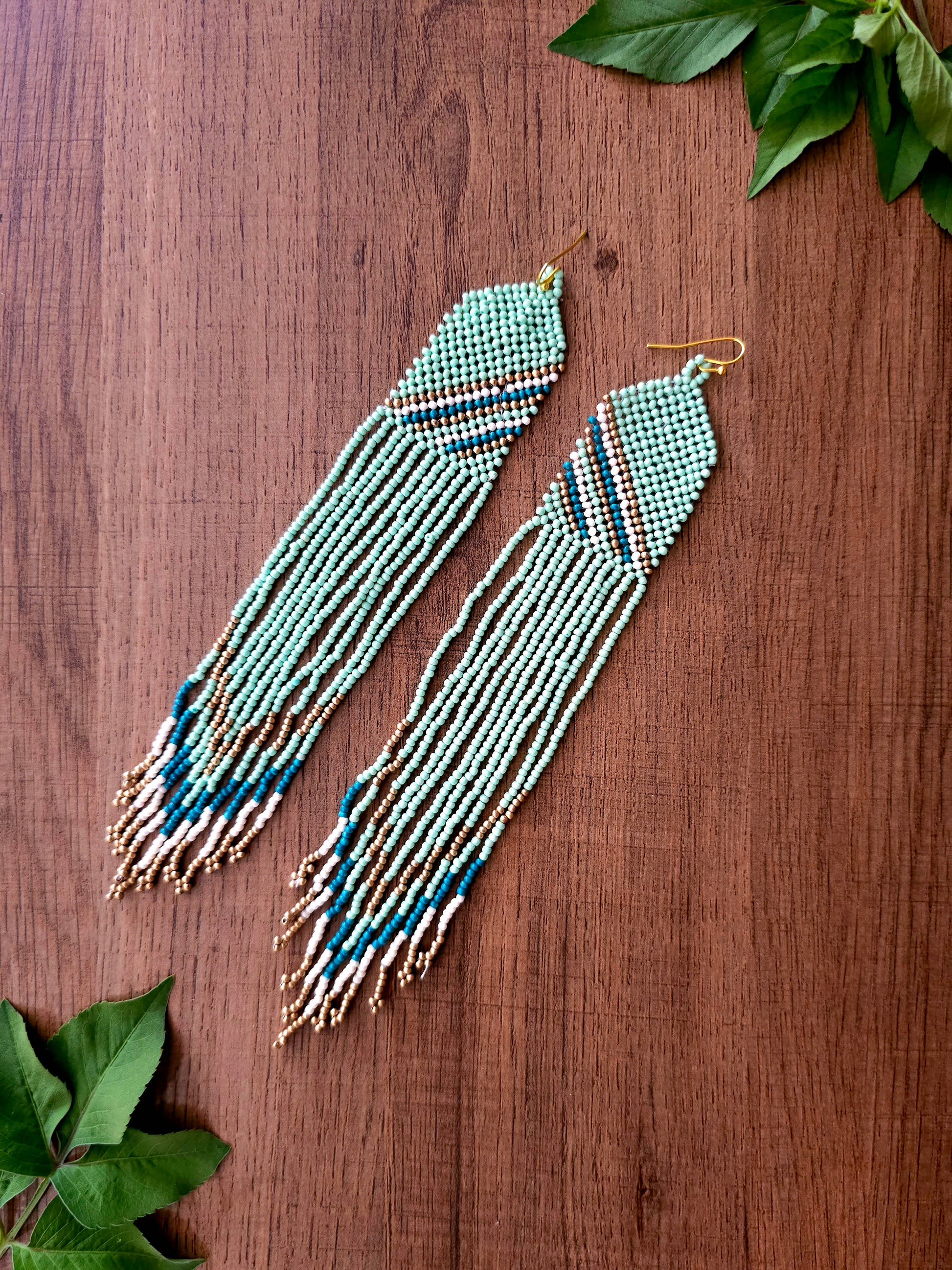 Mint Cascade Handcrafted Earrings with Green Beads and Fringe
