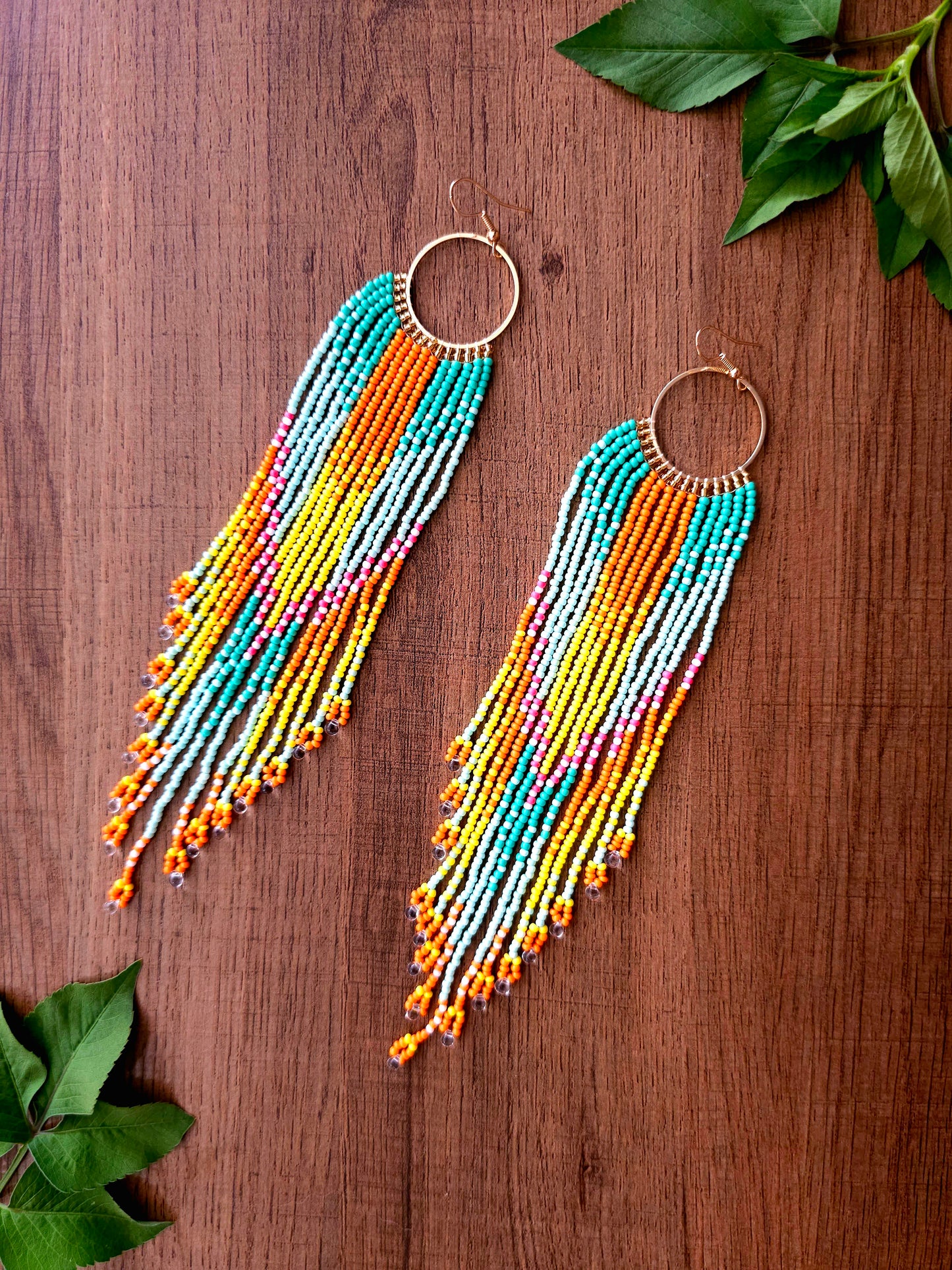 Tropical Sunset Earrings with Colorful Beads and Gold Hoops