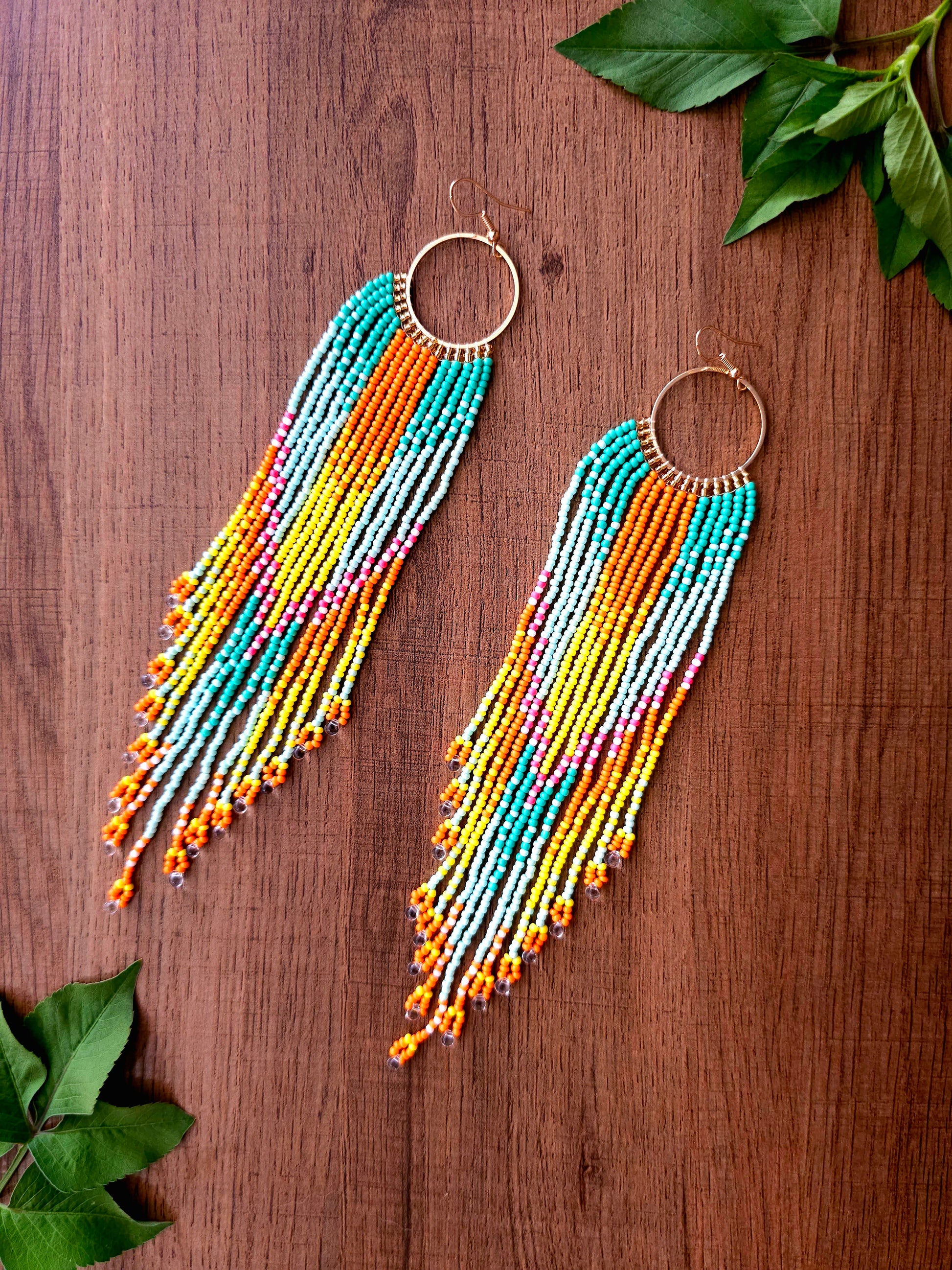Tropical Sunset Earrings with Colorful Beads and Gold Hoops