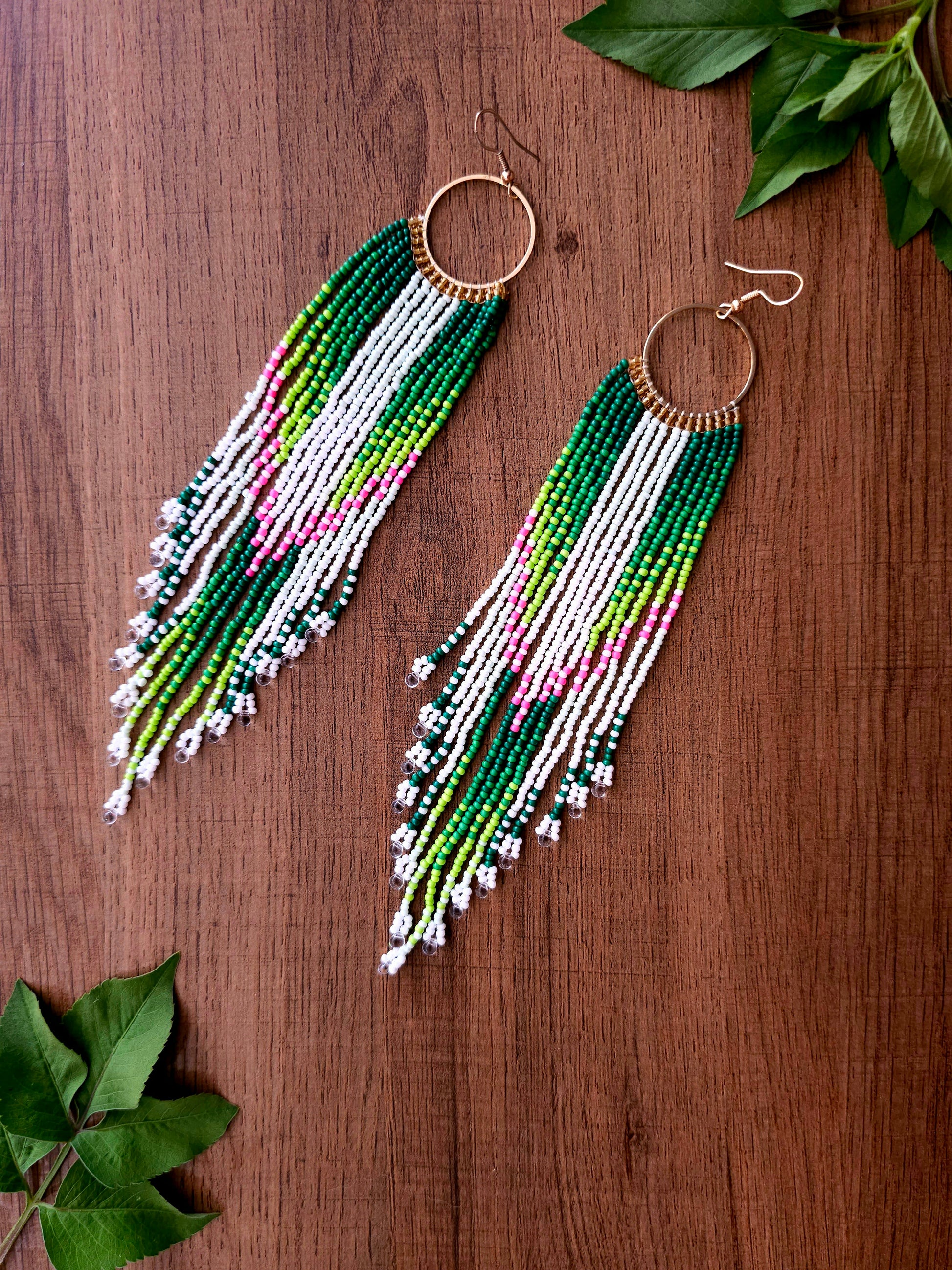 Emerald Cascade Earrings with Colorful Beads and Gold Hoops