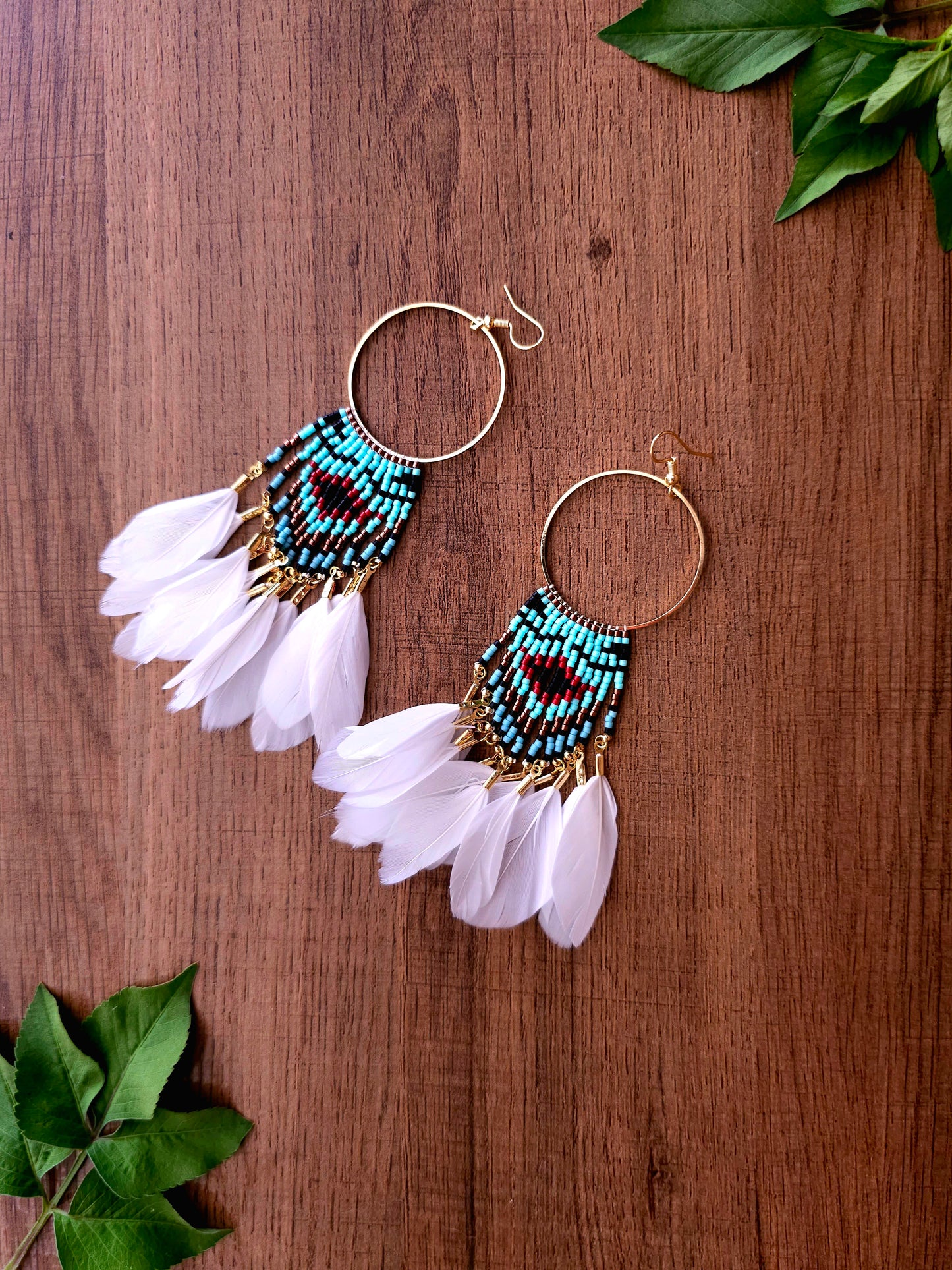 Dream Feather Earrings with Gold Hoops and Beadwork