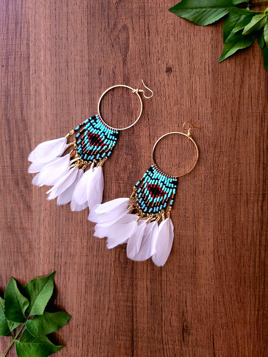 Dream Feather Earrings with Gold Hoops and Beadwork