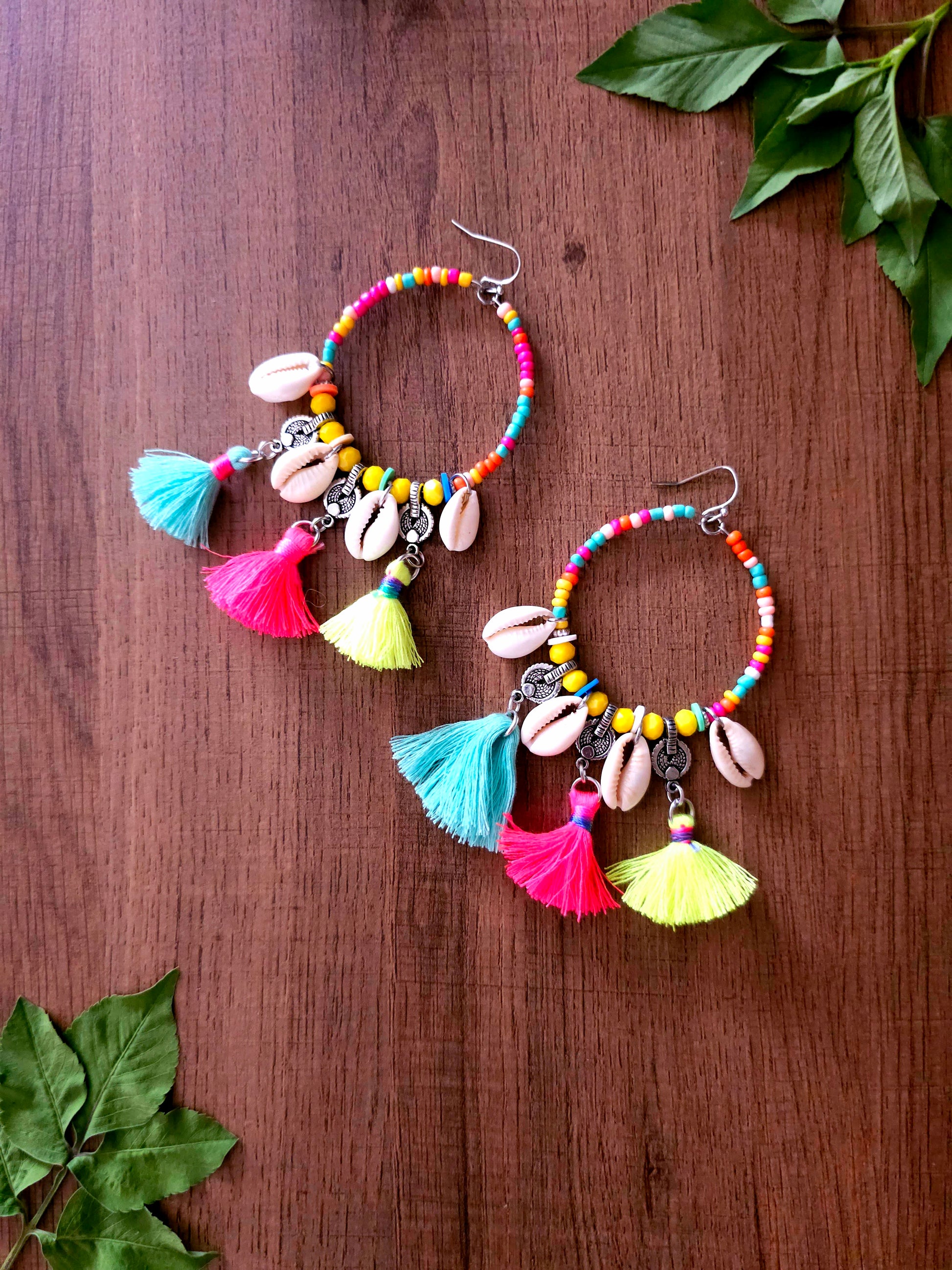 Tropical Fiesta Earrings with Multicolored Beads and Shells
