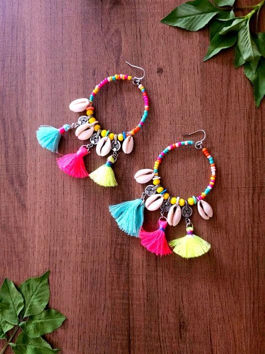 Tropical Fiesta Earrings with Multicolored Beads and Shells