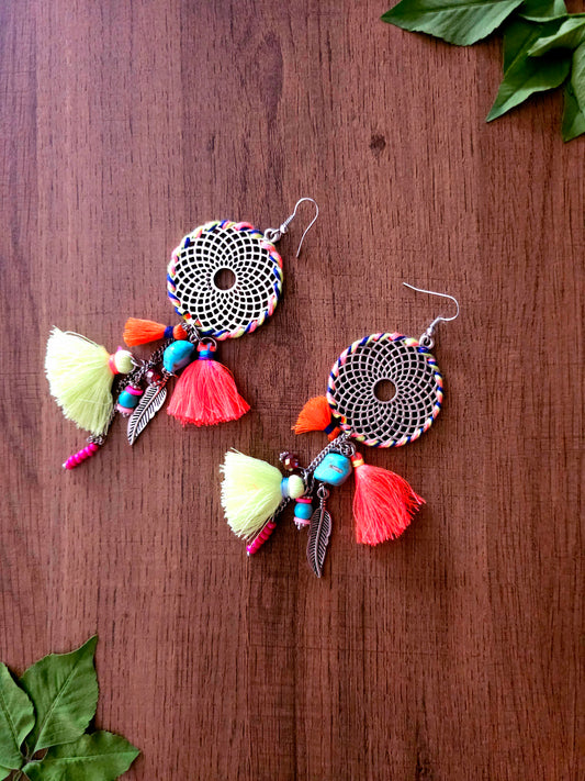 Dreamcatcher Earrings with Colorful Tassels and Feathers