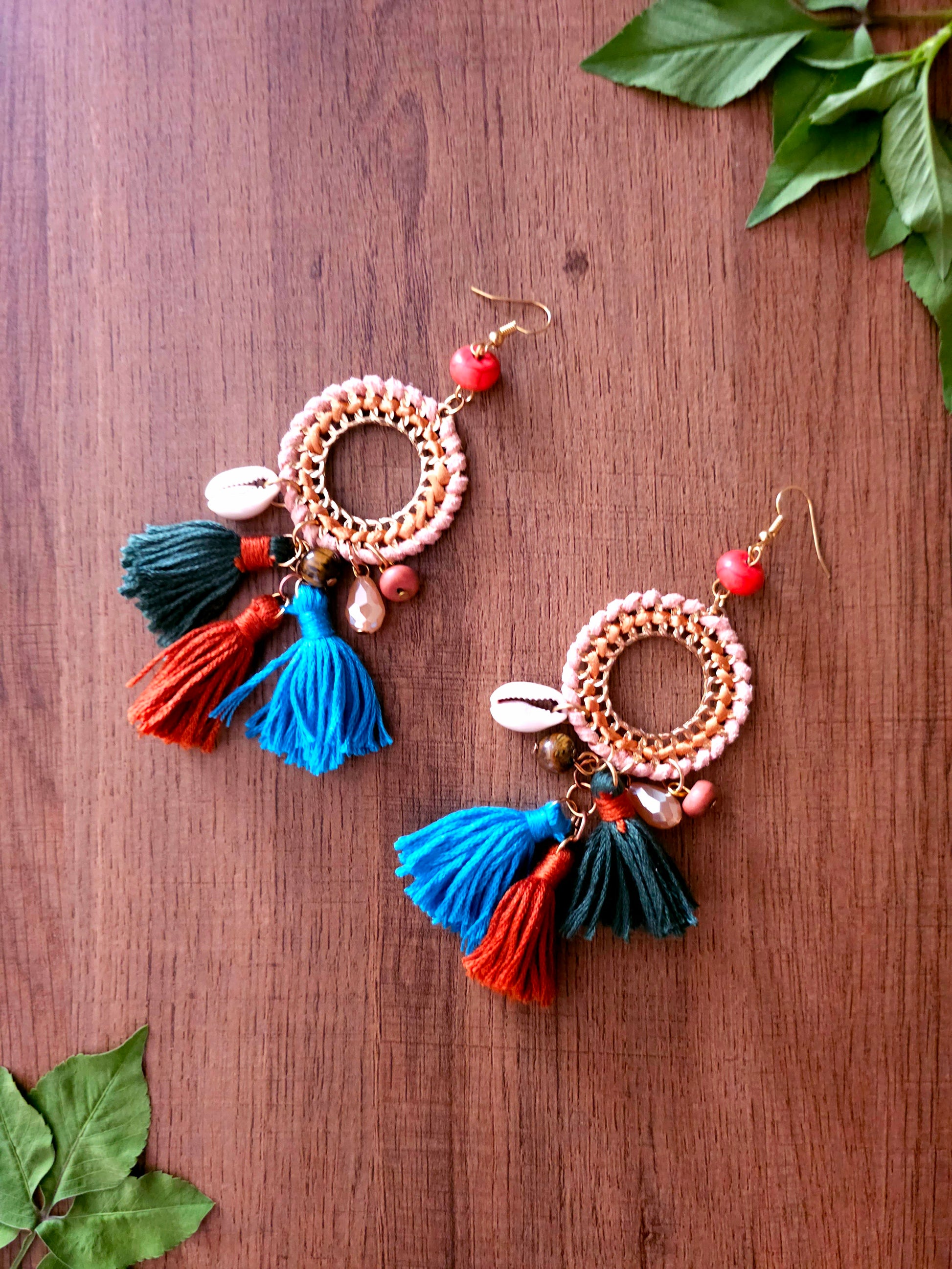Boho Harvest Earrings with Woven Hoops and Cowrie Shells