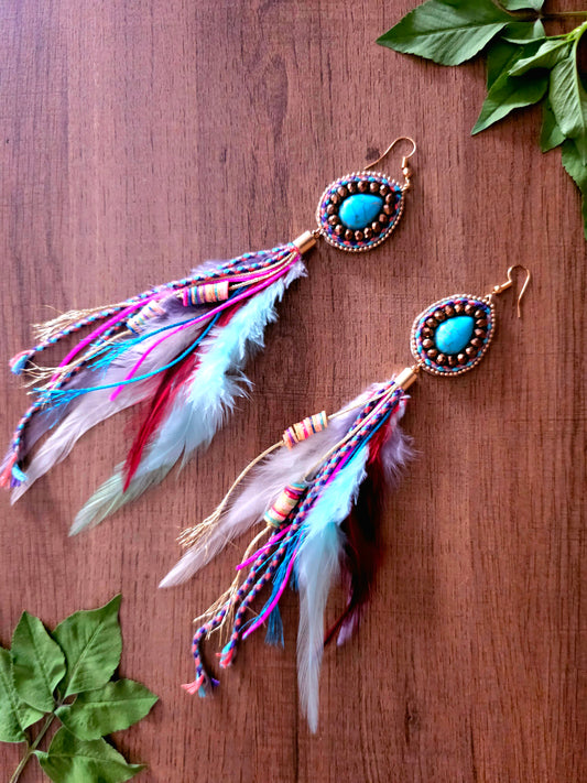 Spirit Feathers Earrings with Vibrant Feathers and Braided Accents