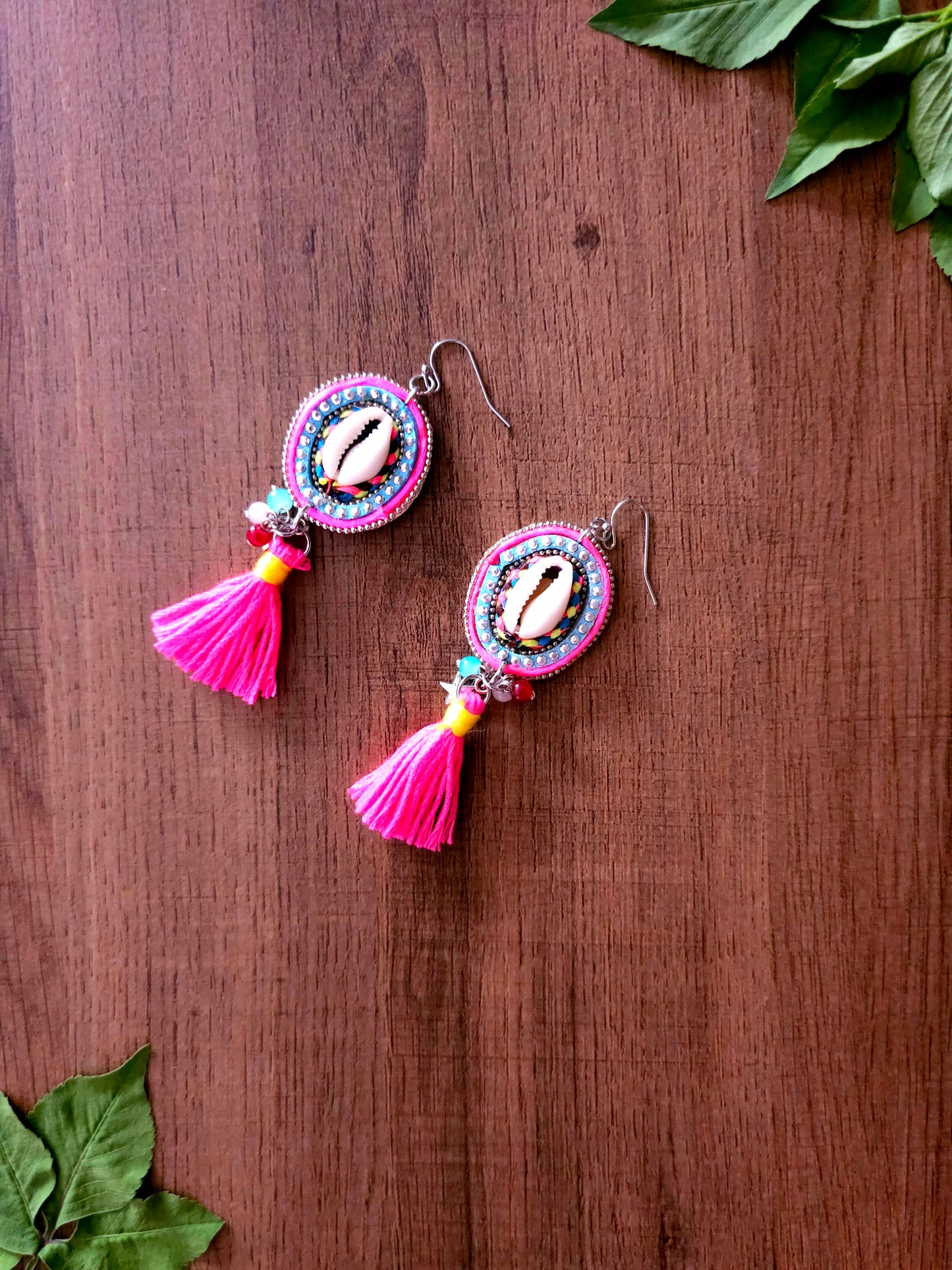 Pink Chic Earrings with Tassel and Cowrie Shell Design