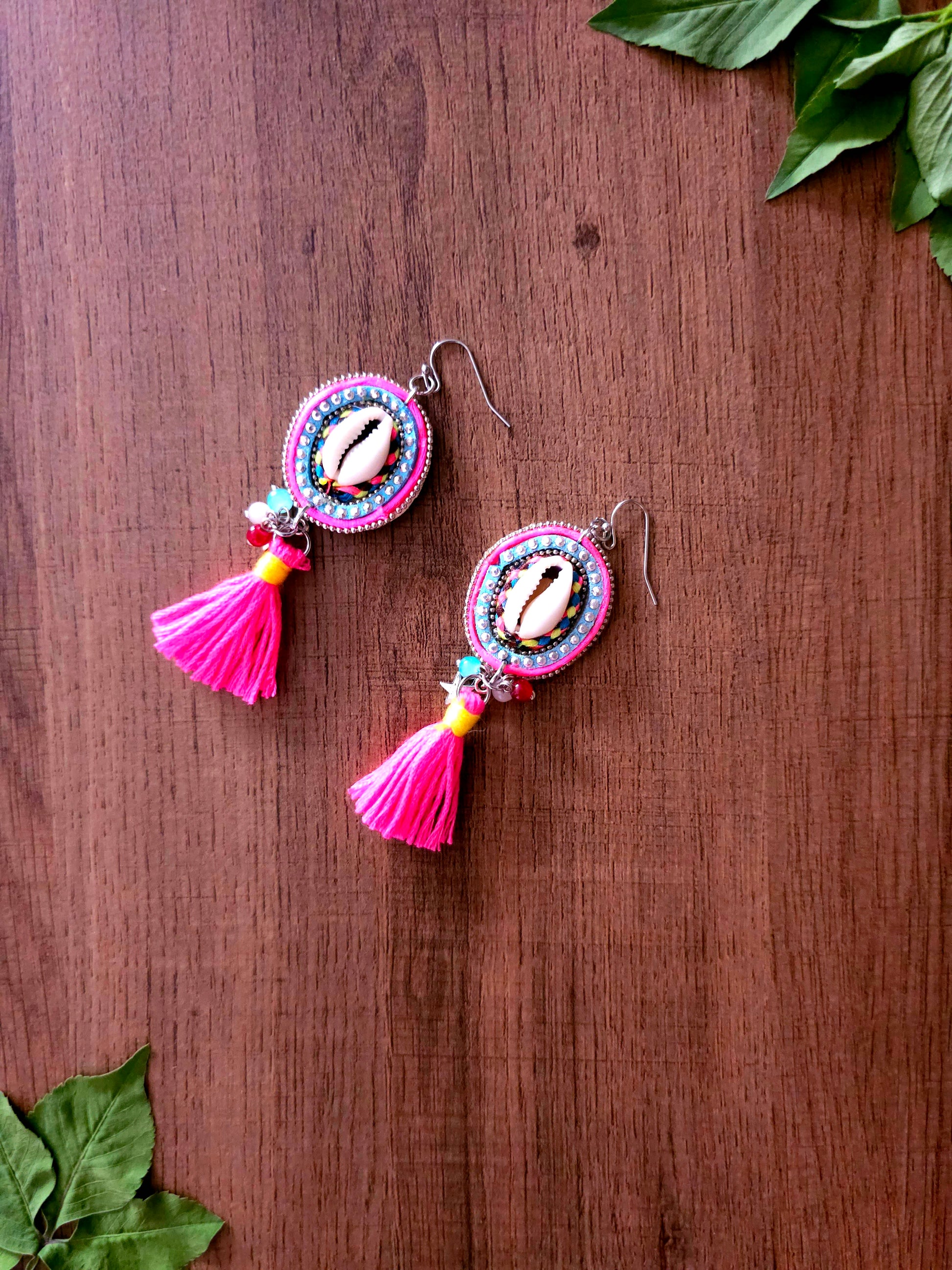 Pink Chic Earrings with Tassel and Cowrie Shell Design