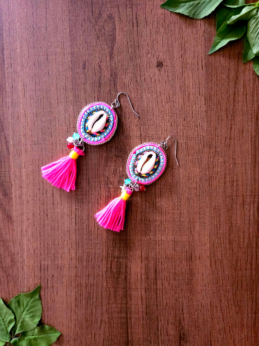 Pink Chic Earrings with Tassel and Cowrie Shell Design