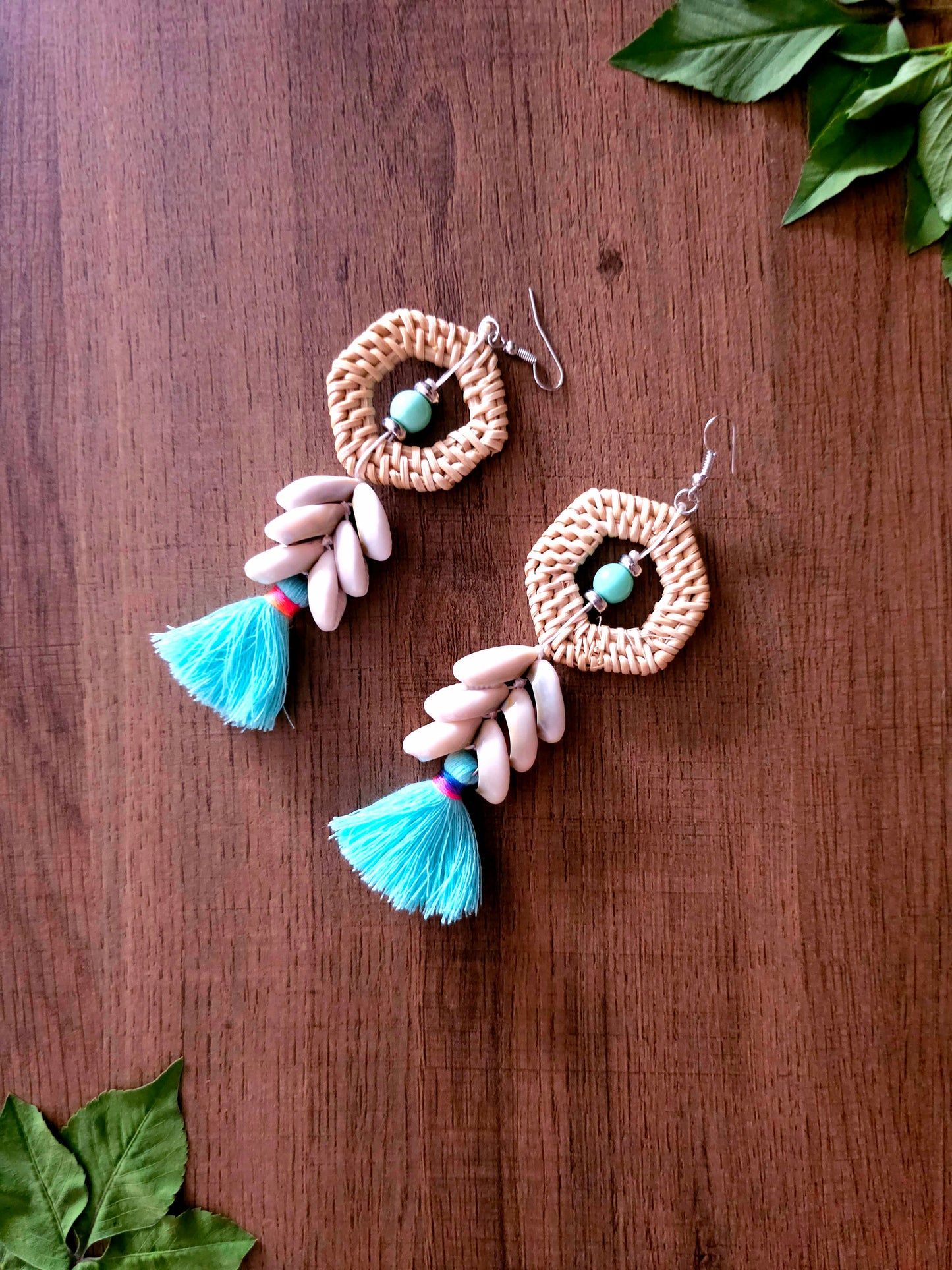 Coastal Breeze Earrings with Rattan Hoops and Cowrie Shells