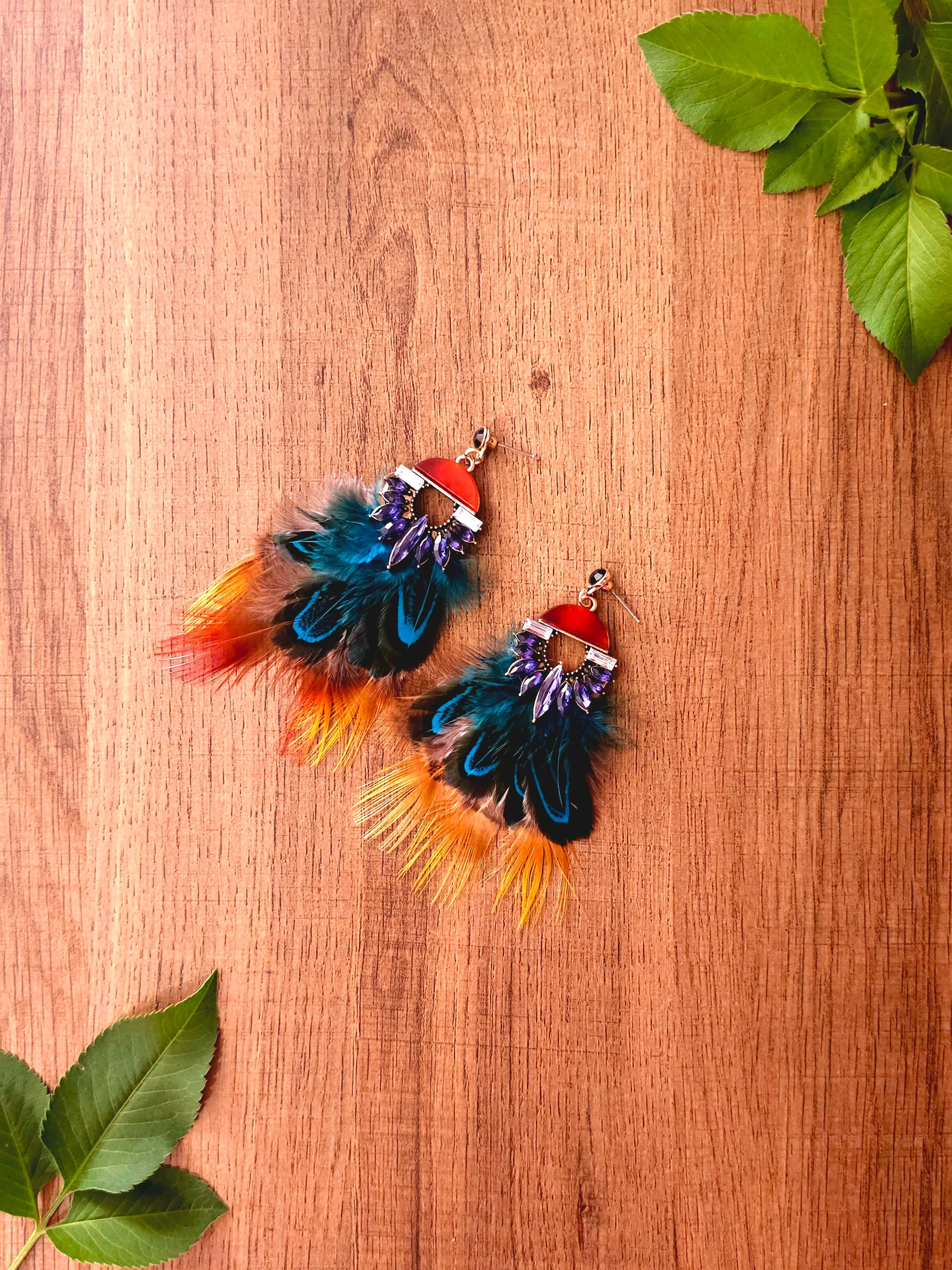 Feather Fantasy Earrings with Colorful Feathers and Beading