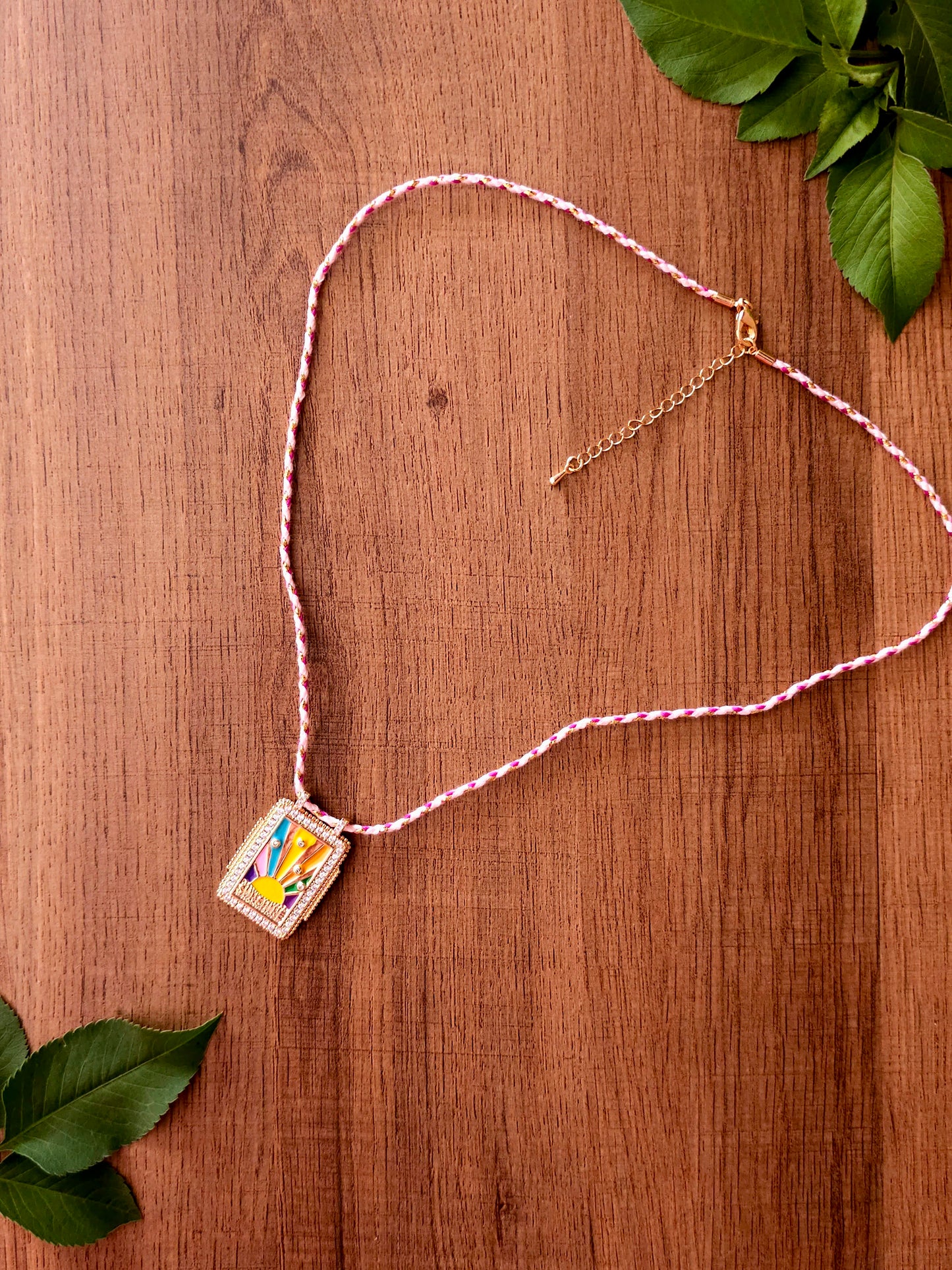 Radiant Sunrise Necklace with Rectangular Pendant and Charms