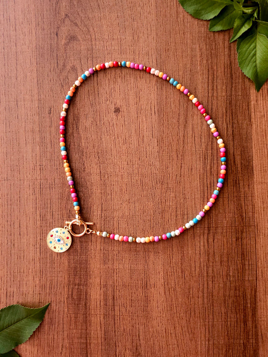 Rainbow Delight Necklace with Multicolored Beads and Pendant