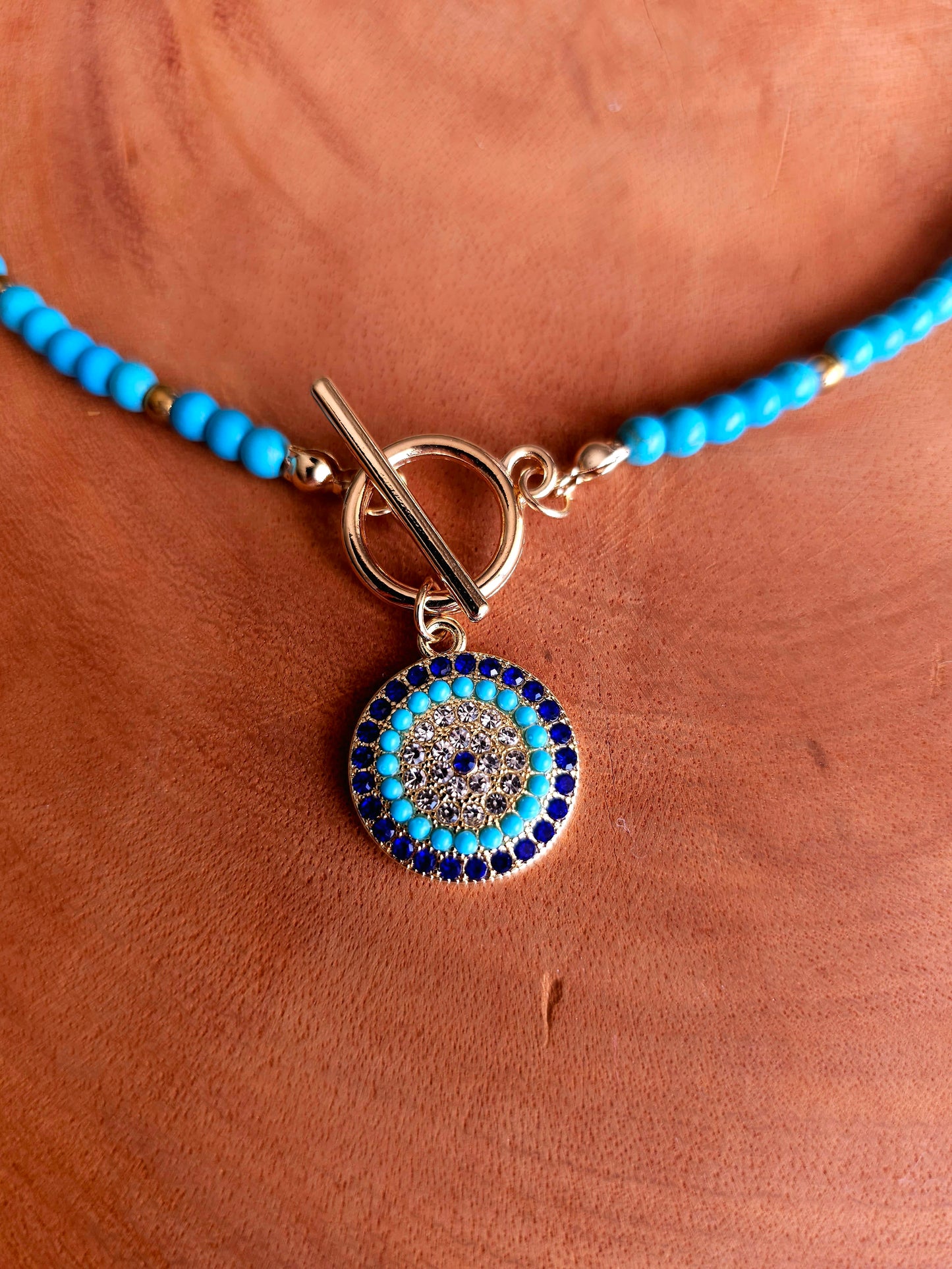 Turquoise Charm Necklace with Beads and Circular Pendant
