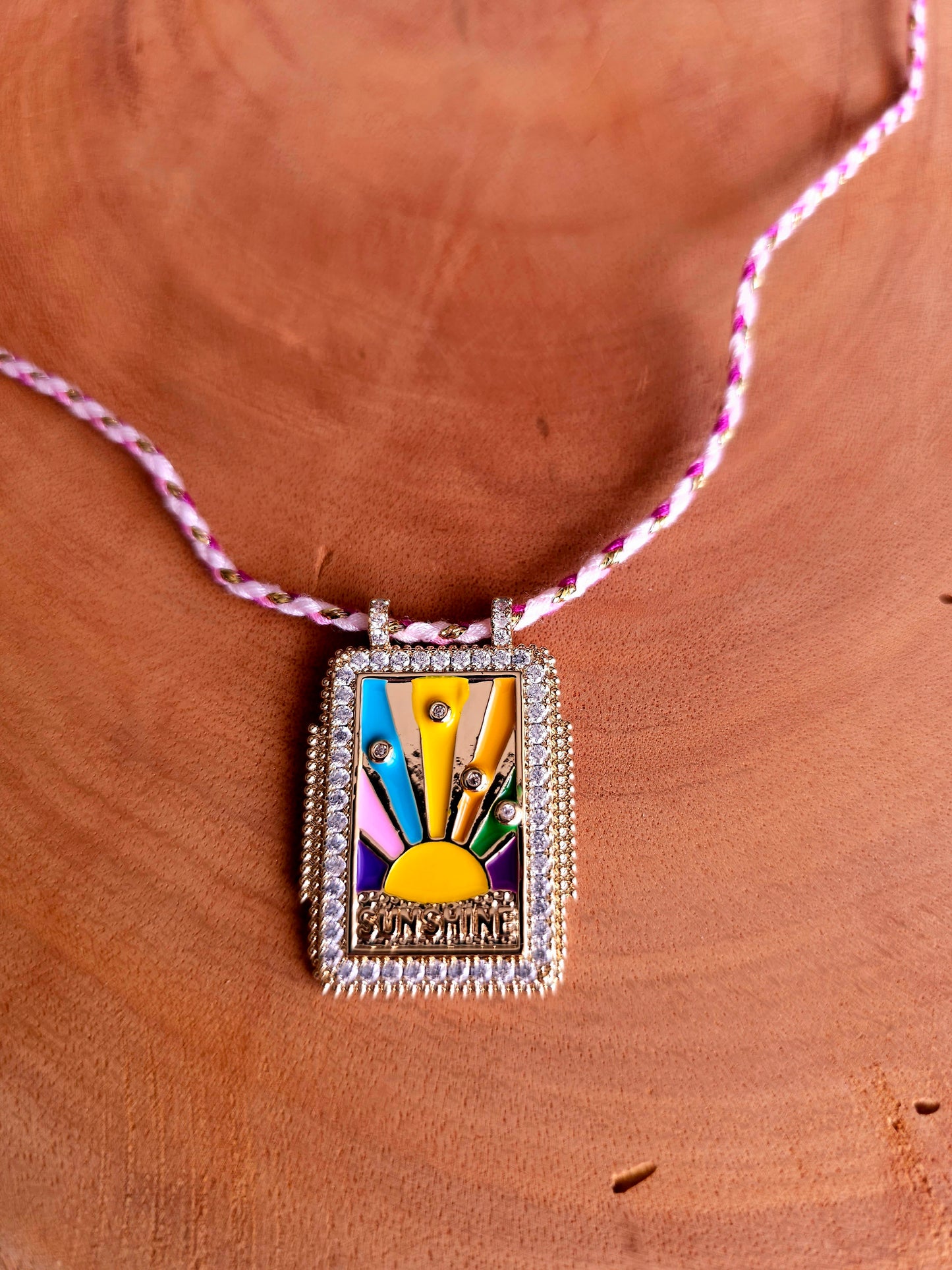 Radiant Sunrise Necklace with Rectangular Pendant and Charms