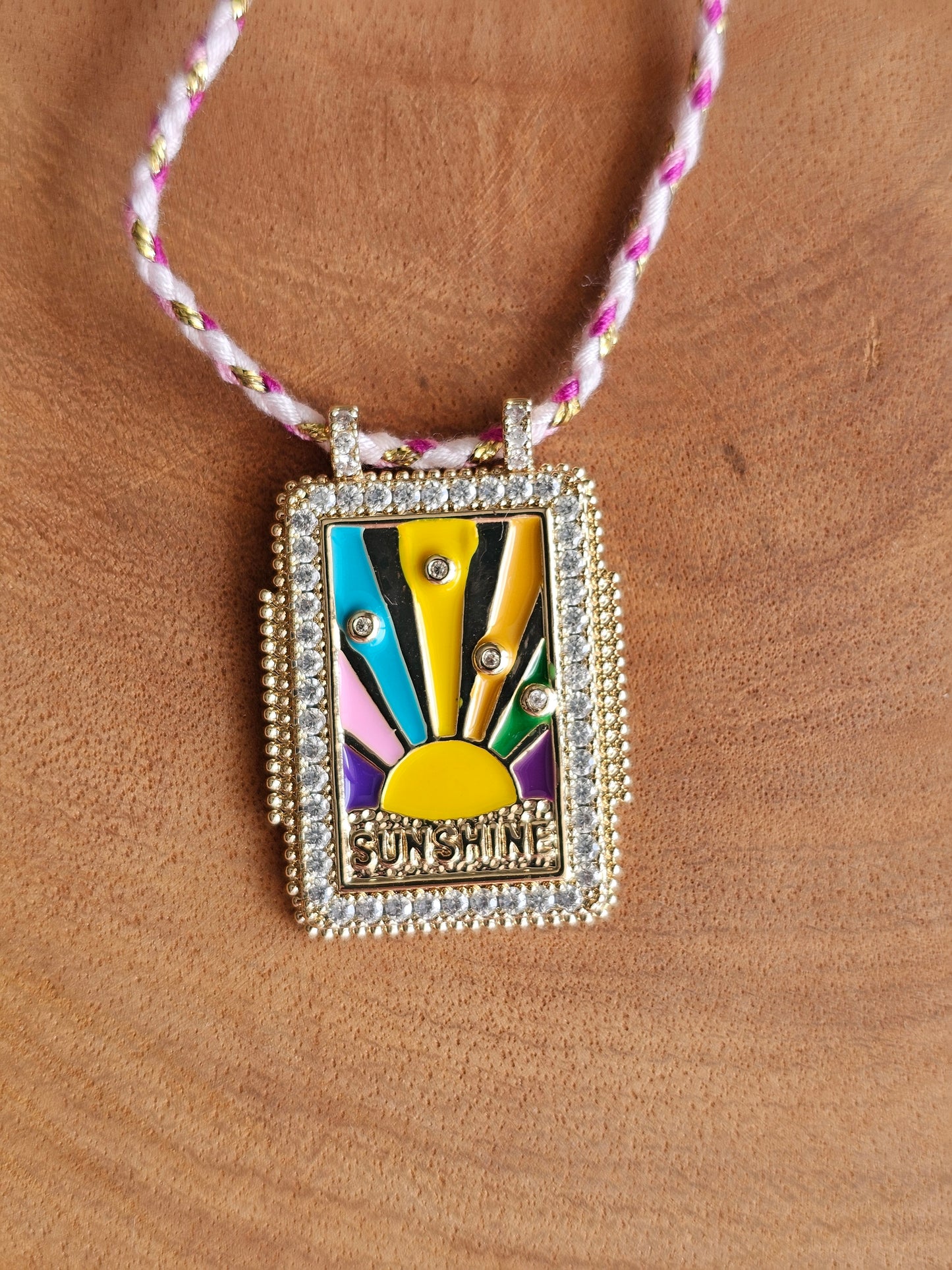 Radiant Sunrise Necklace with Rectangular Pendant and Charms