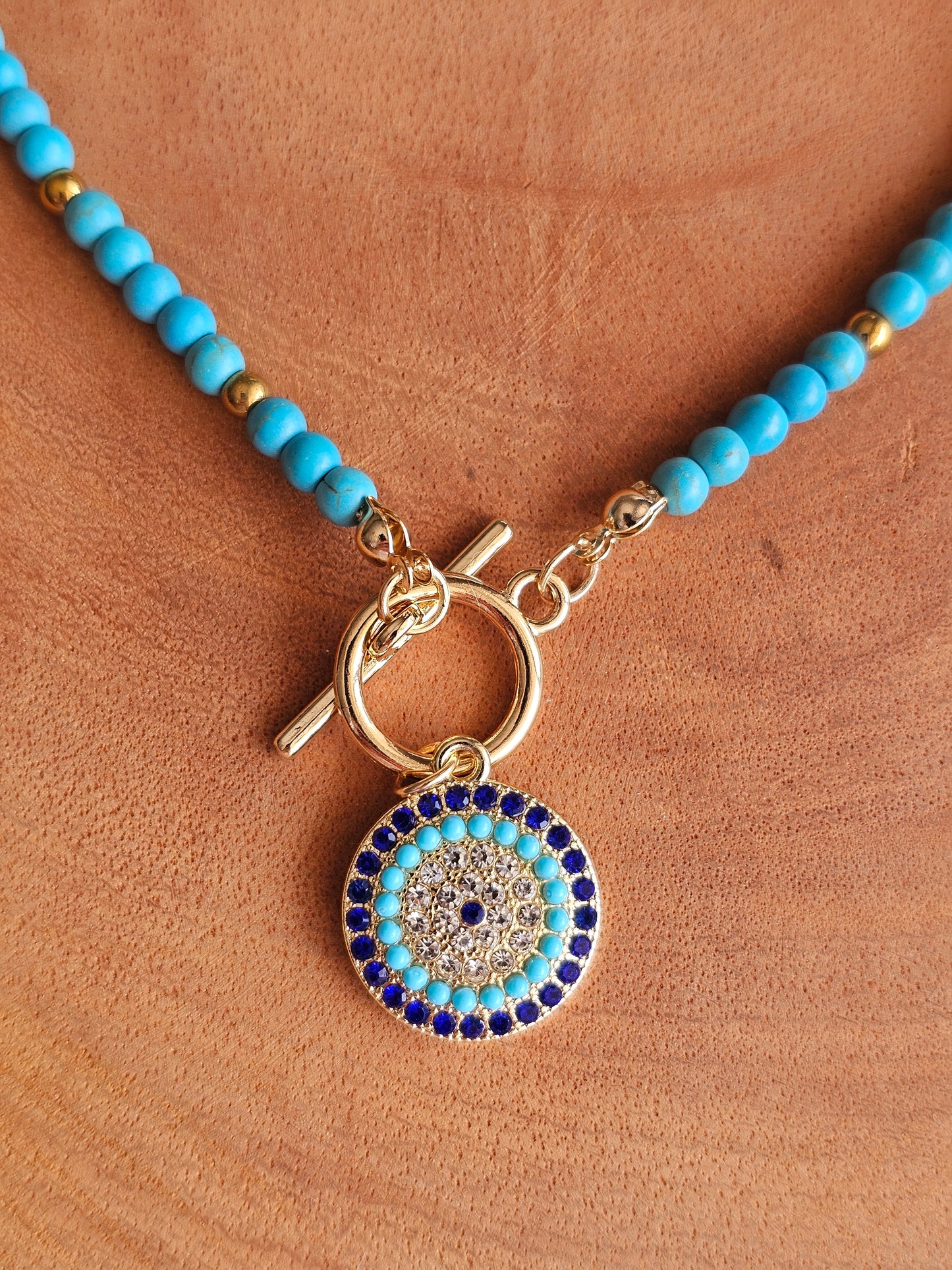 Turquoise Charm Necklace with Beads and Circular Pendant