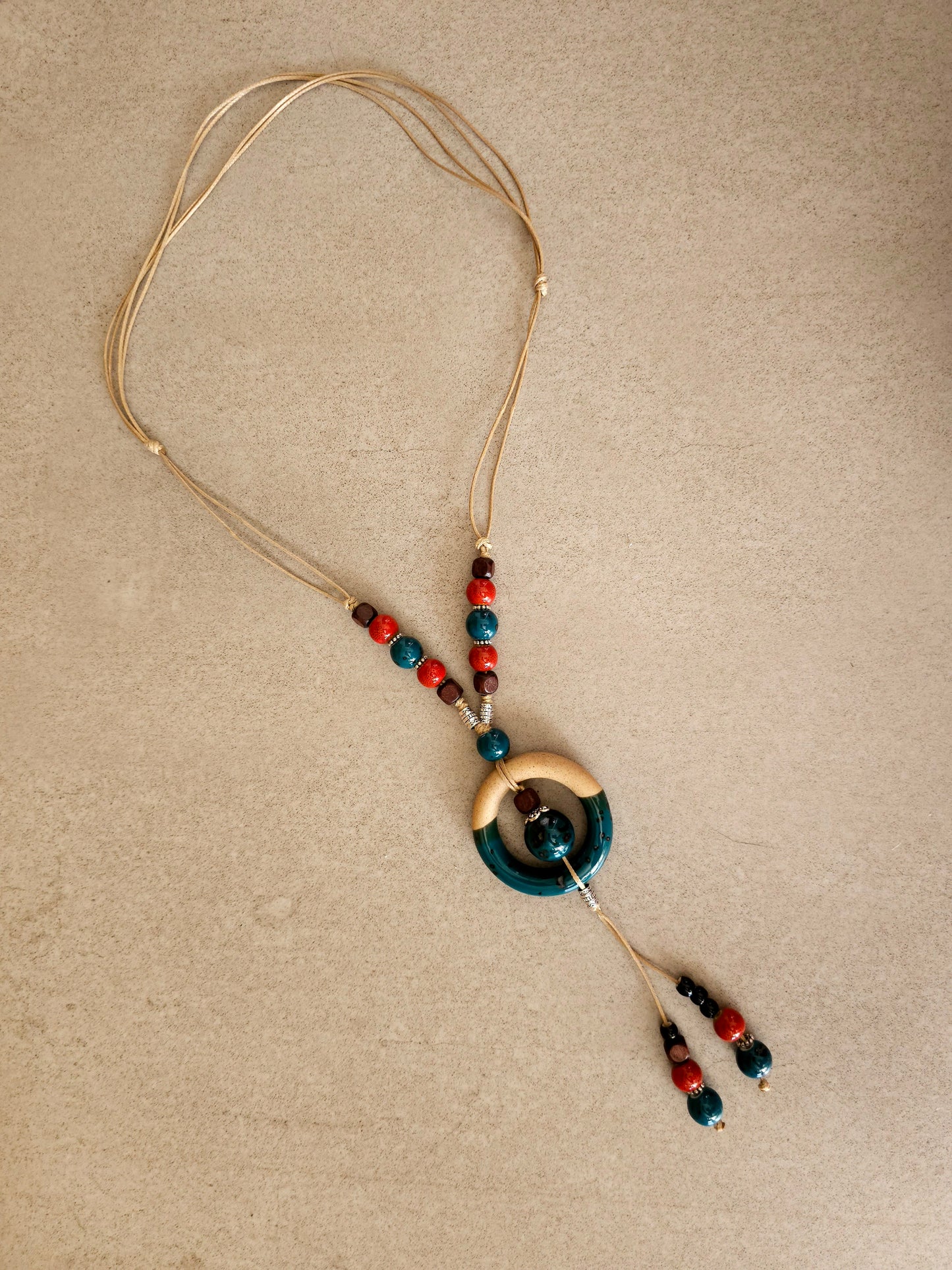 Earthy Harmony Necklace with Circular Pendant and Beads