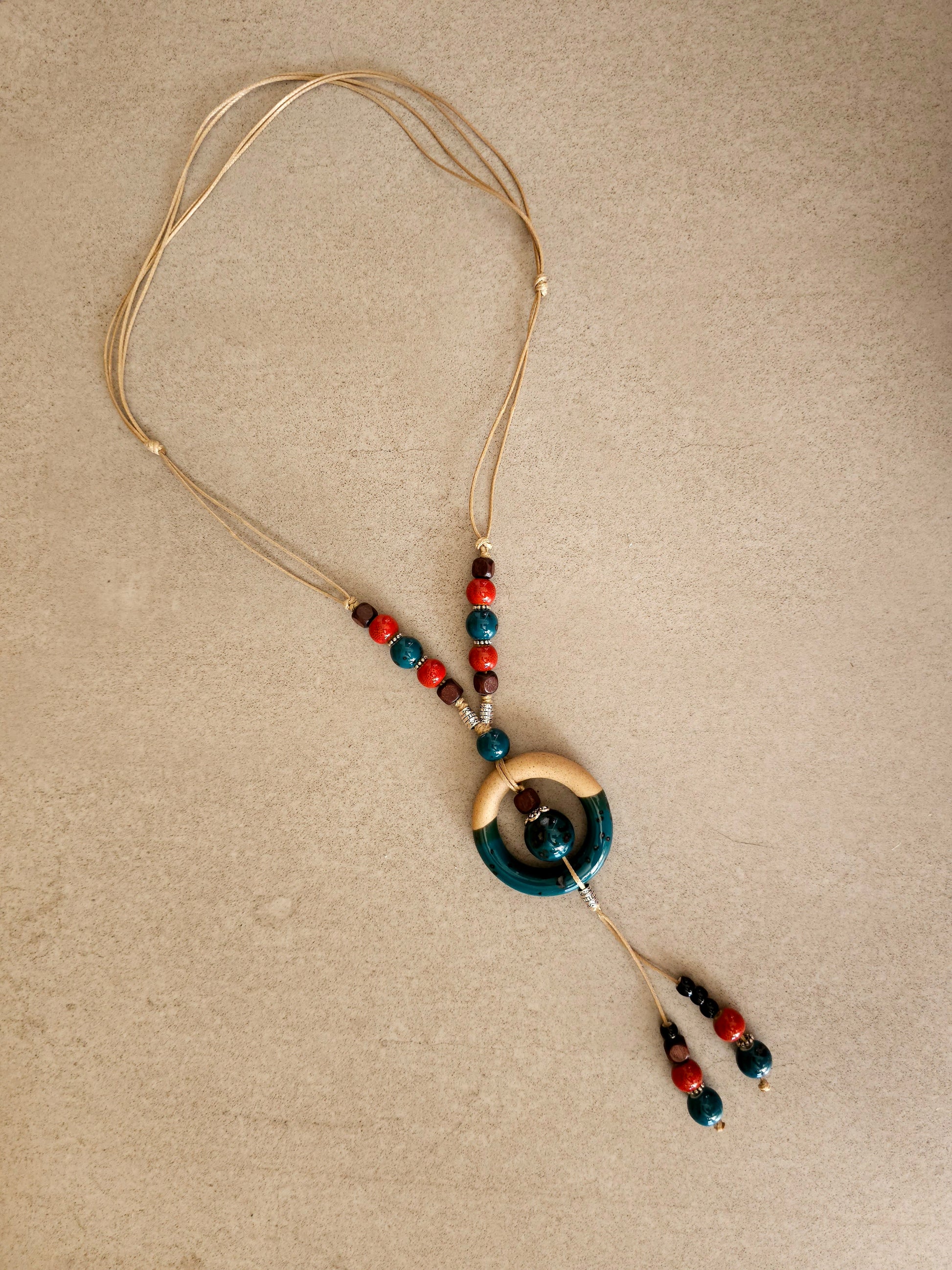 Earthy Harmony Necklace with Circular Pendant and Beads