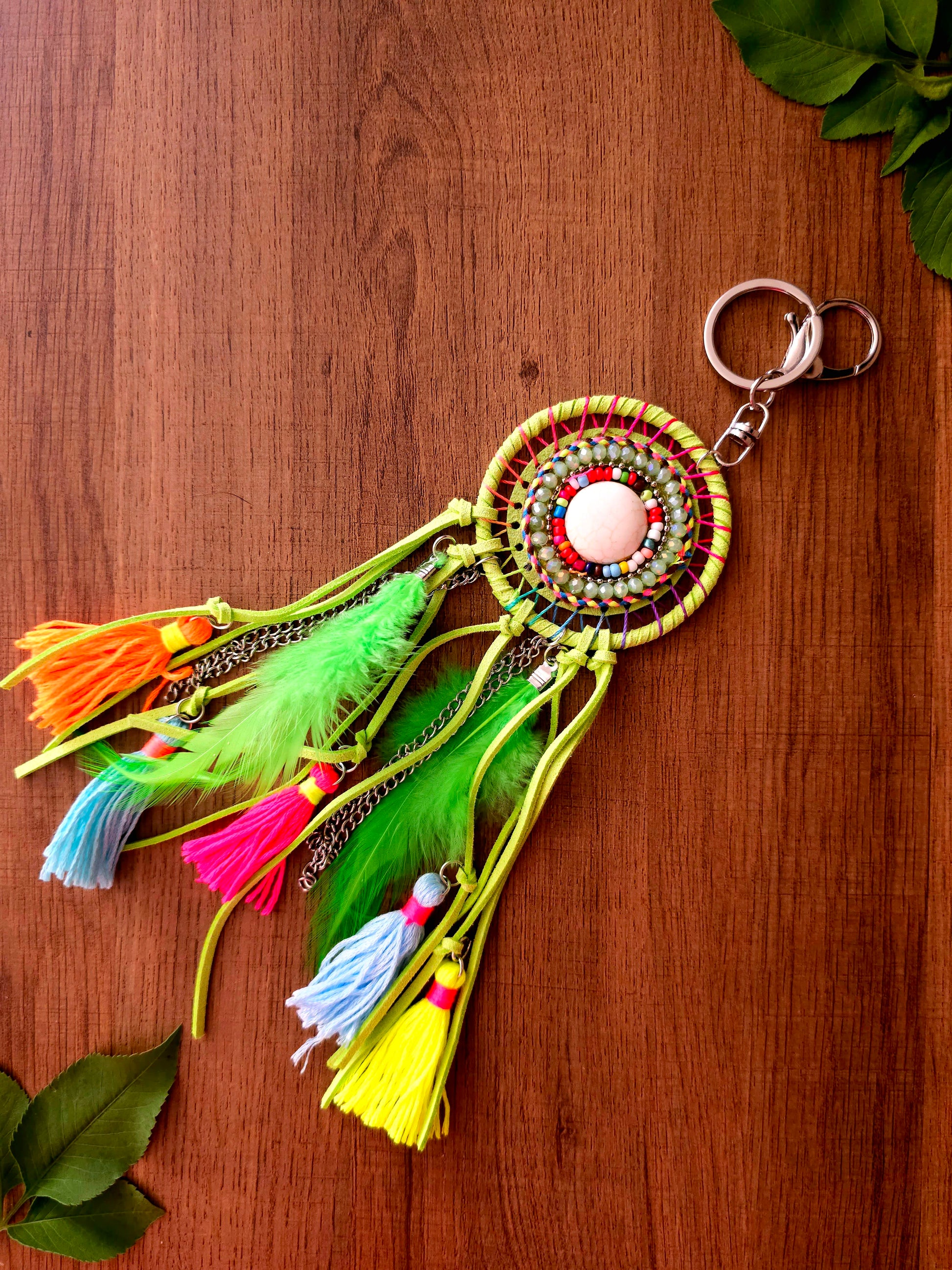 Neon Dream Catcher Keychain with Tassels and Feathers