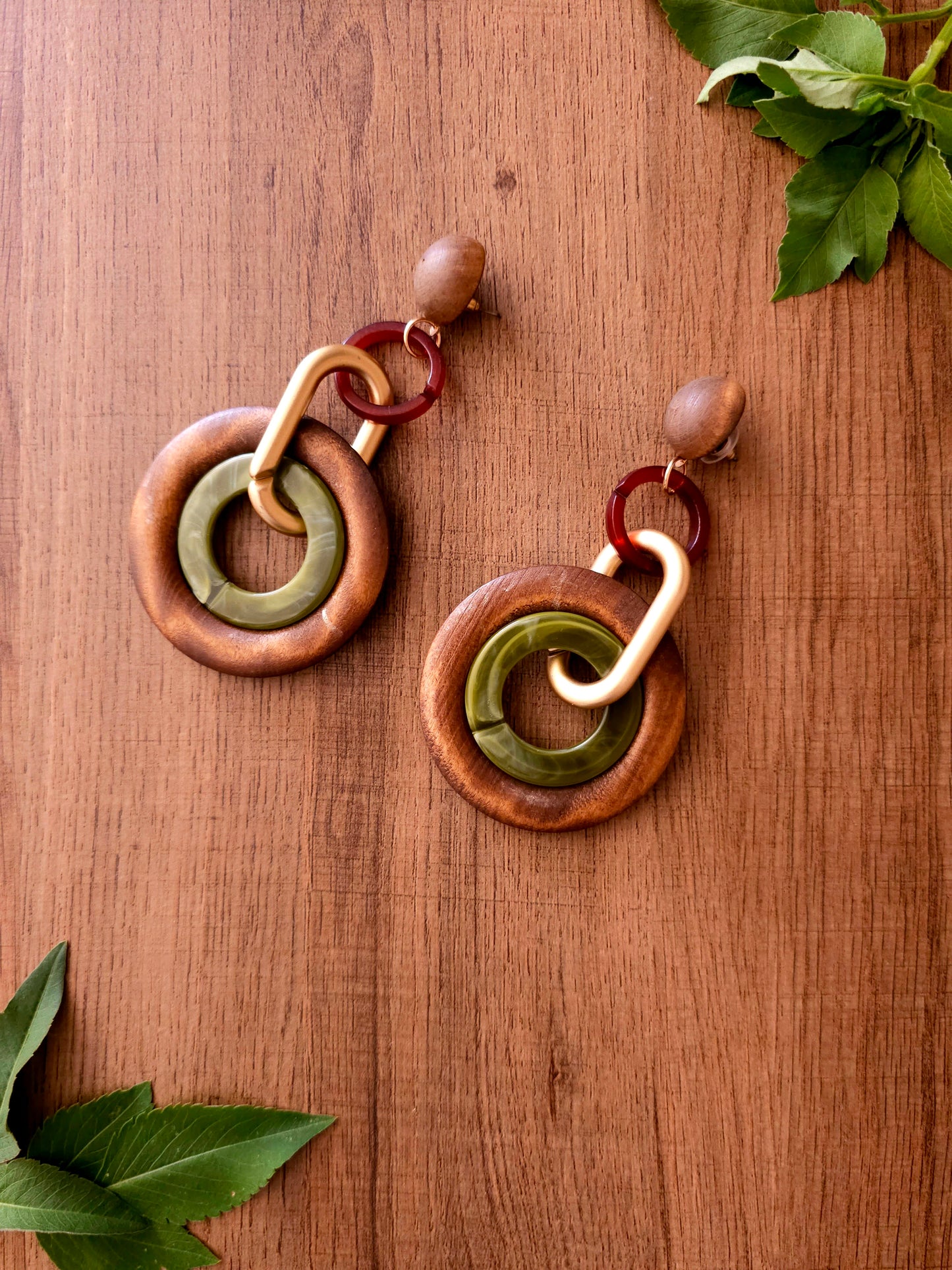 Woodland Earrings with Olive-Green Resin and Wood Elements
