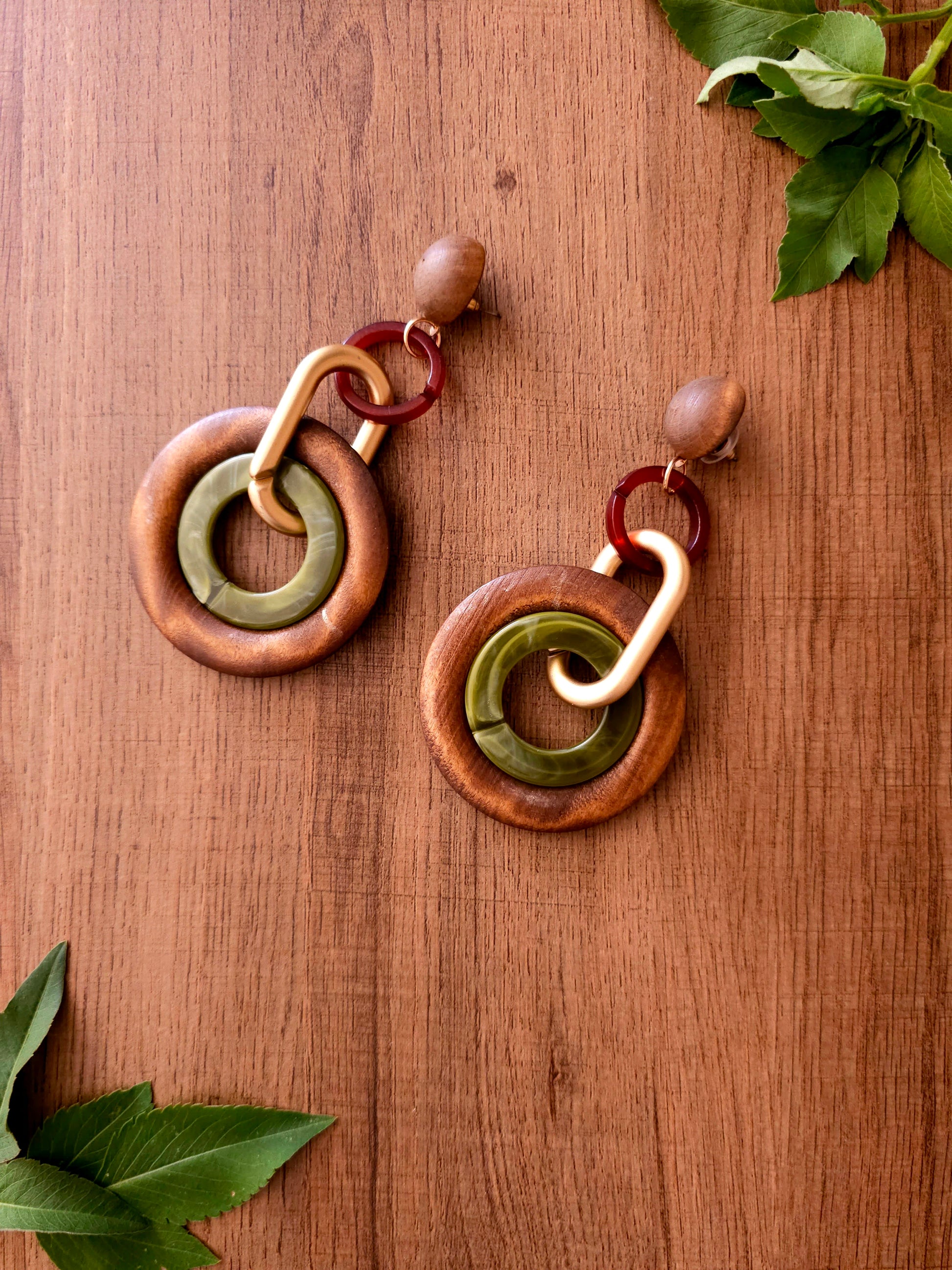 Woodland Earrings with Olive-Green Resin and Wood Elements