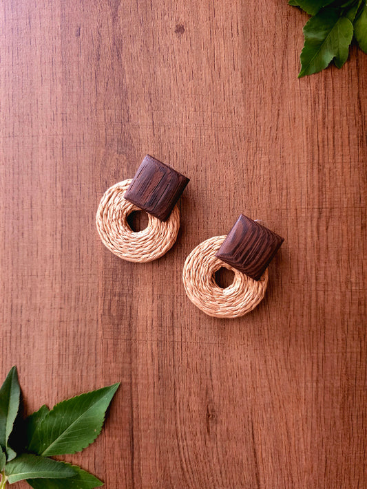 Rustic Harmony Earrings with Natural Fibers and Wooden Accent