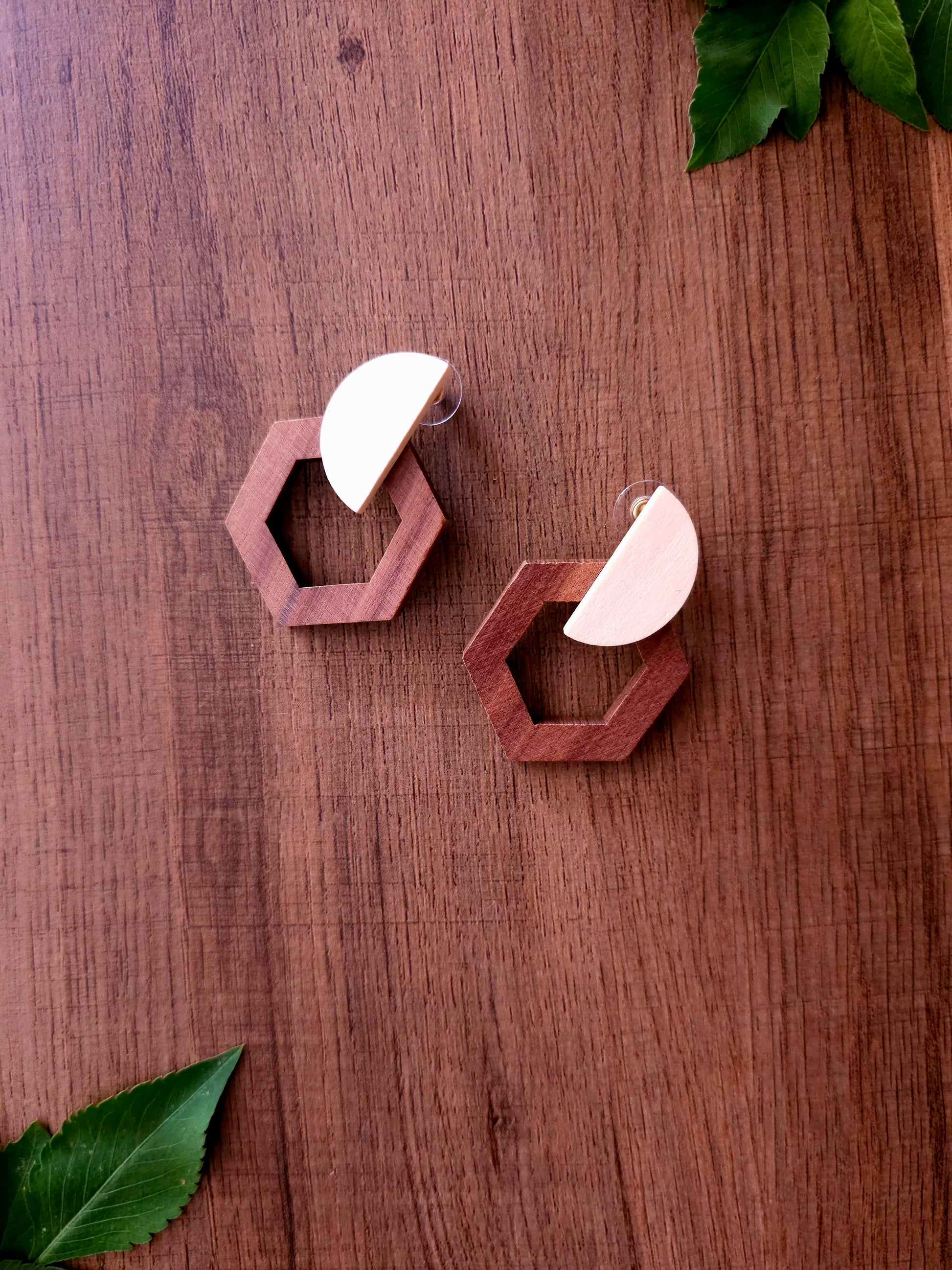 The Earthy Elegance Earrings with Hexagonal Wooden Frame