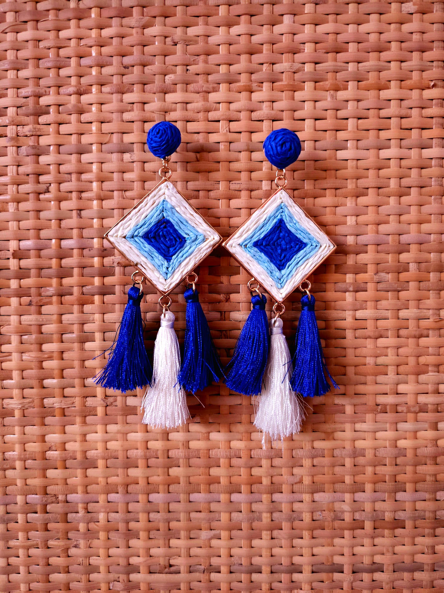 Blue Mirage Earrings with Woven Patterns and Tassels