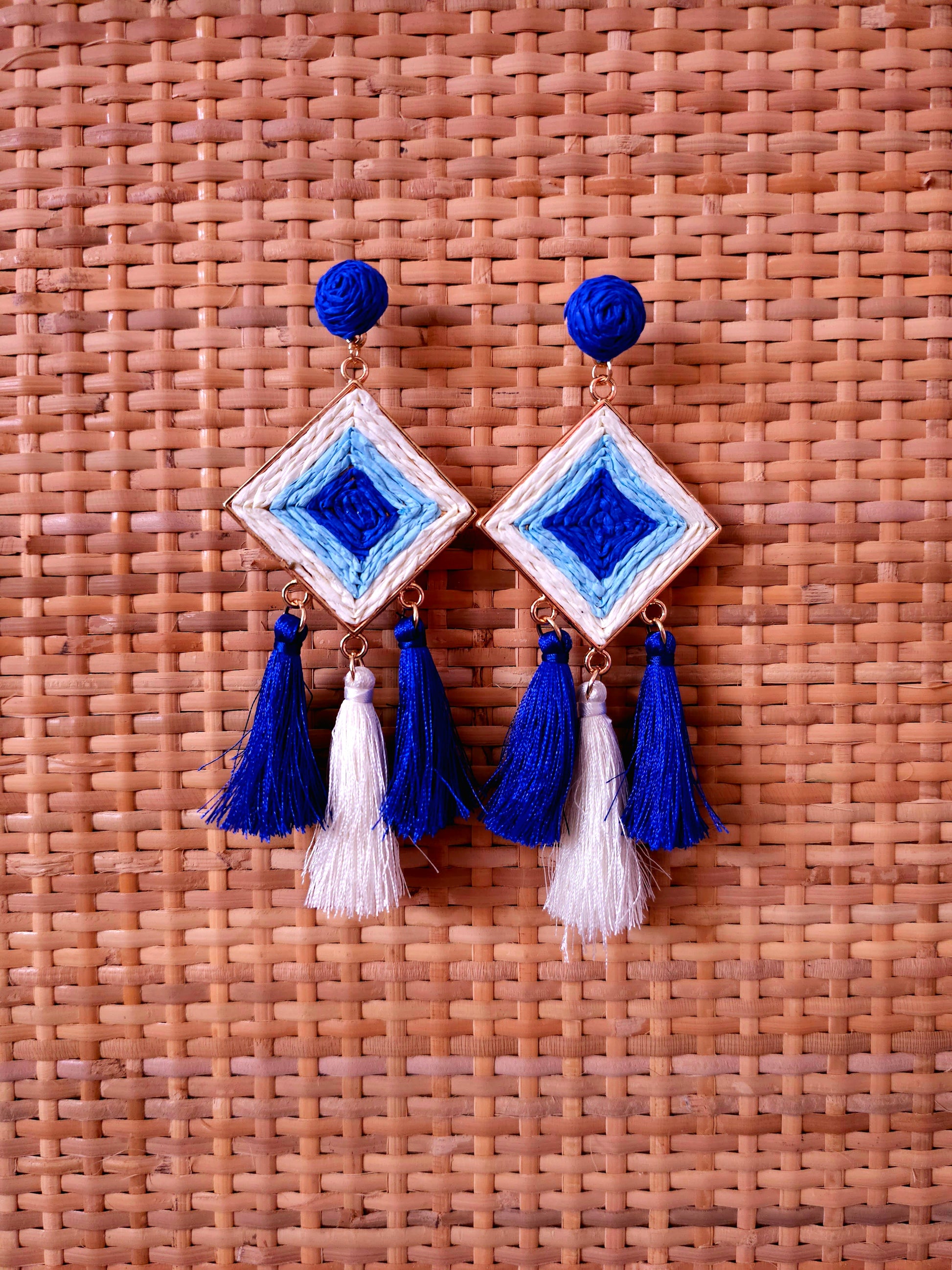 Blue Mirage Earrings with Woven Patterns and Tassels