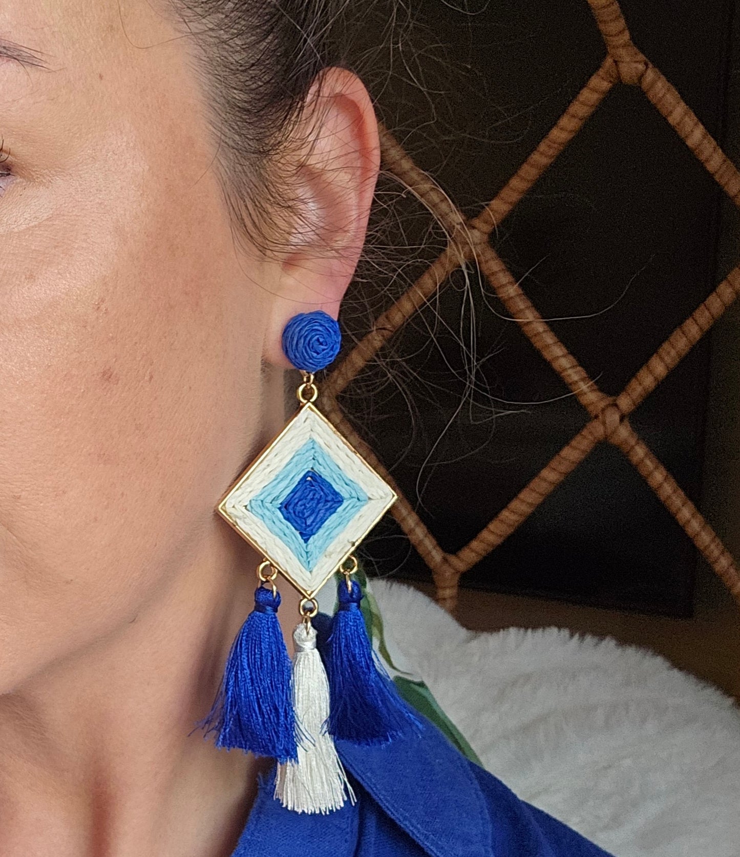 Blue Mirage Earrings with Woven Patterns and Tassels