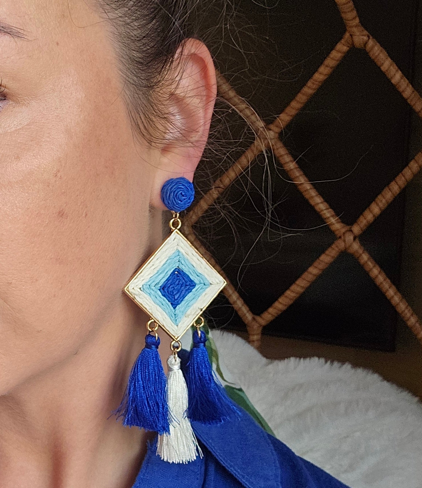 Blue Mirage Earrings with Woven Patterns and Tassels