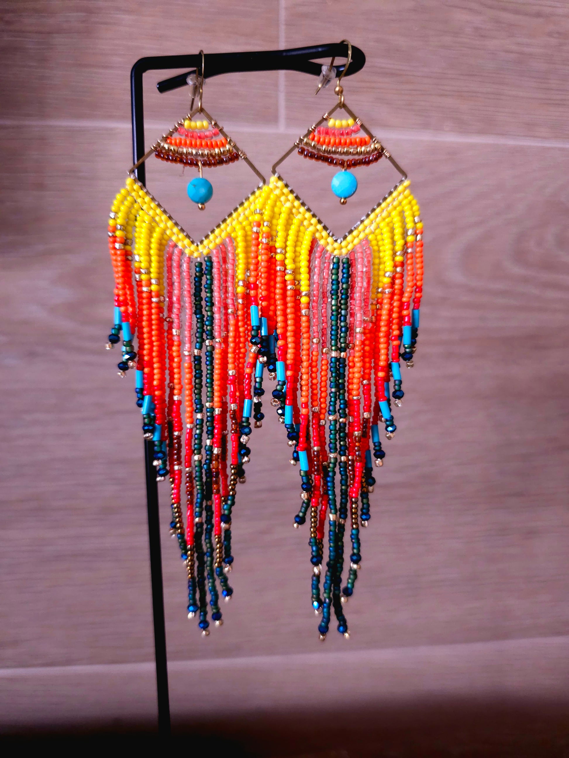 Sunset Cascade Earrings with Colorful Beads and Fringe