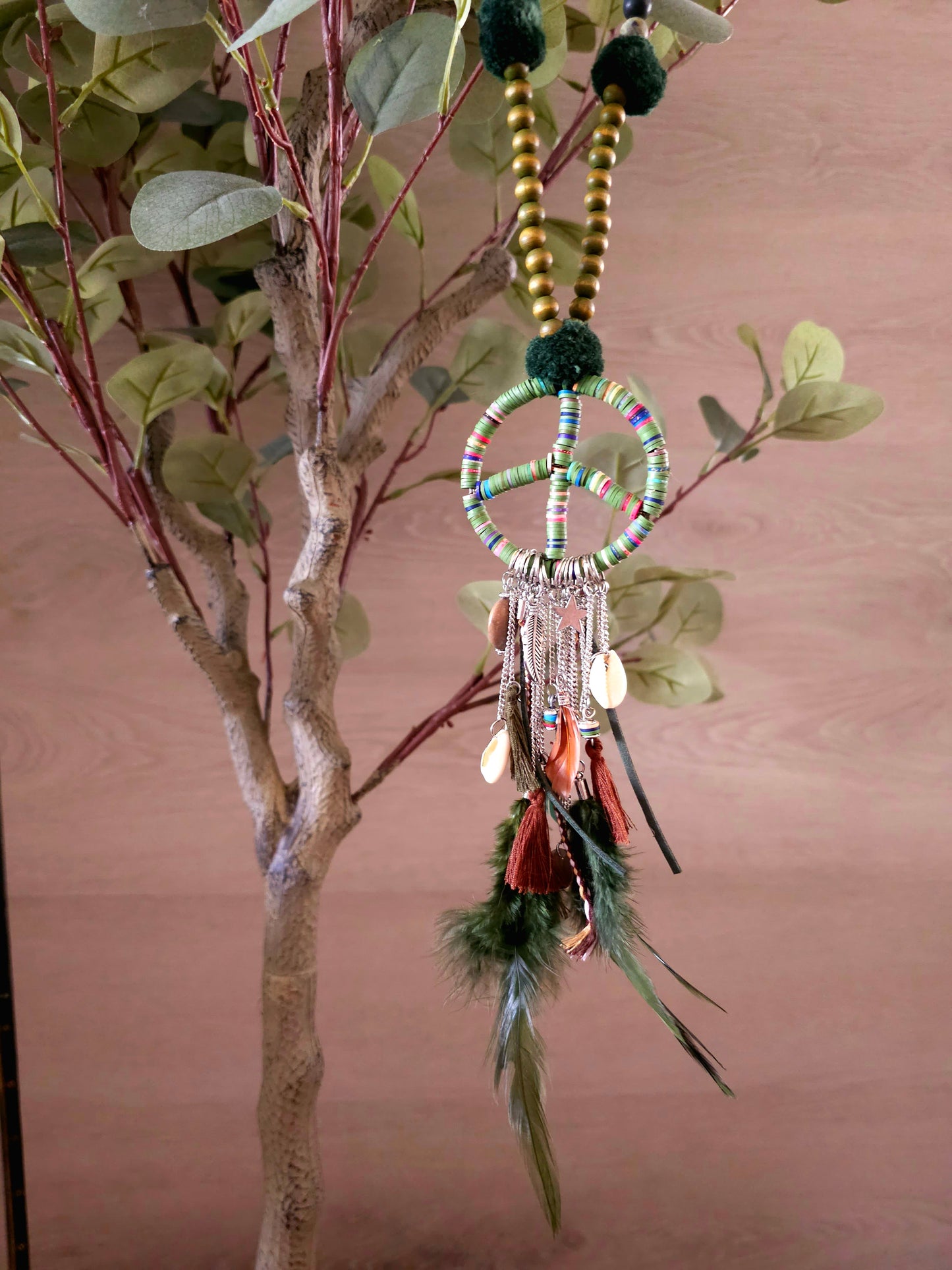 Bohemian Love and Peace Necklace with Feathers and Beads