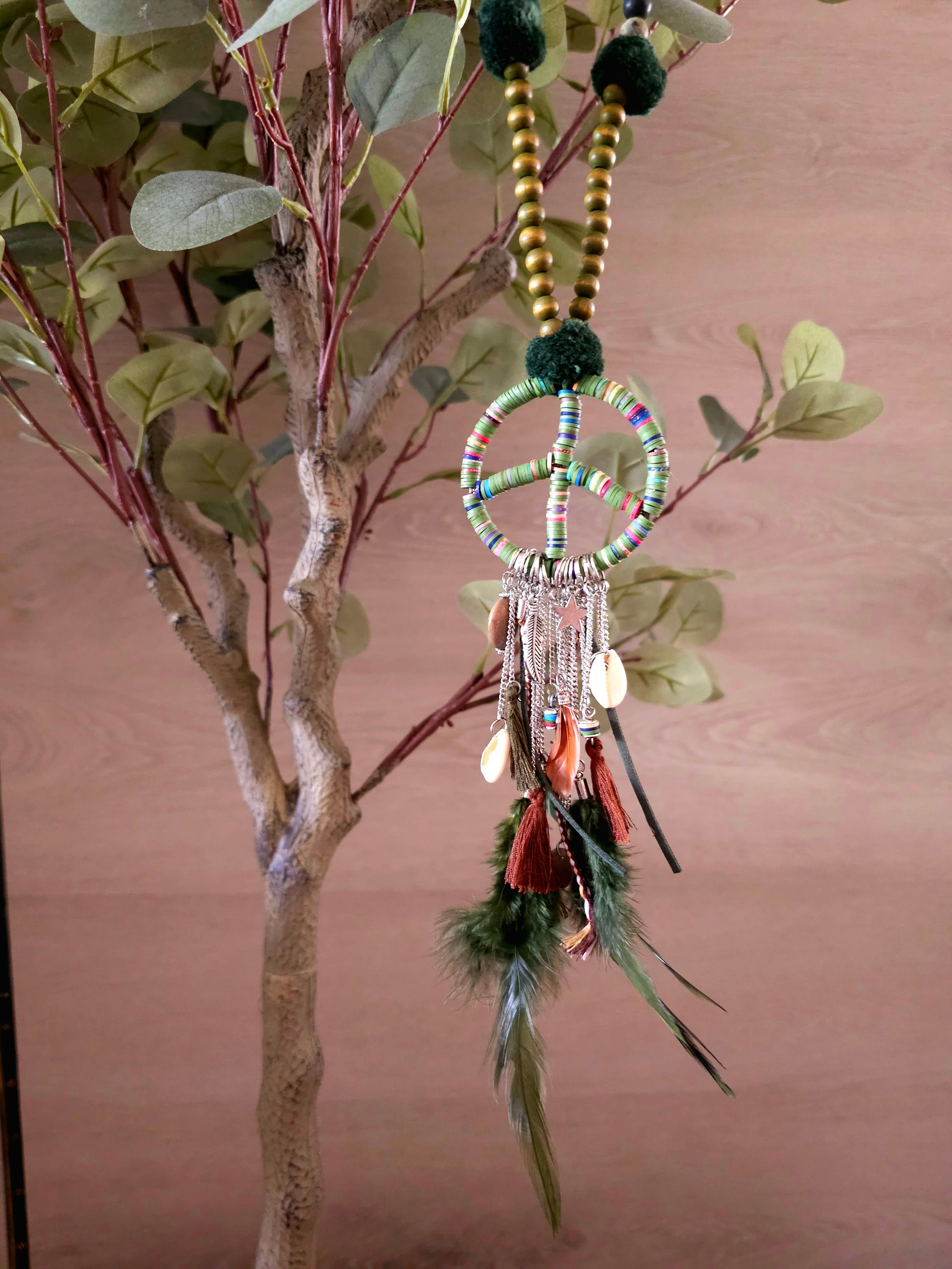 Bohemian Love and Peace Necklace with Feathers and Beads