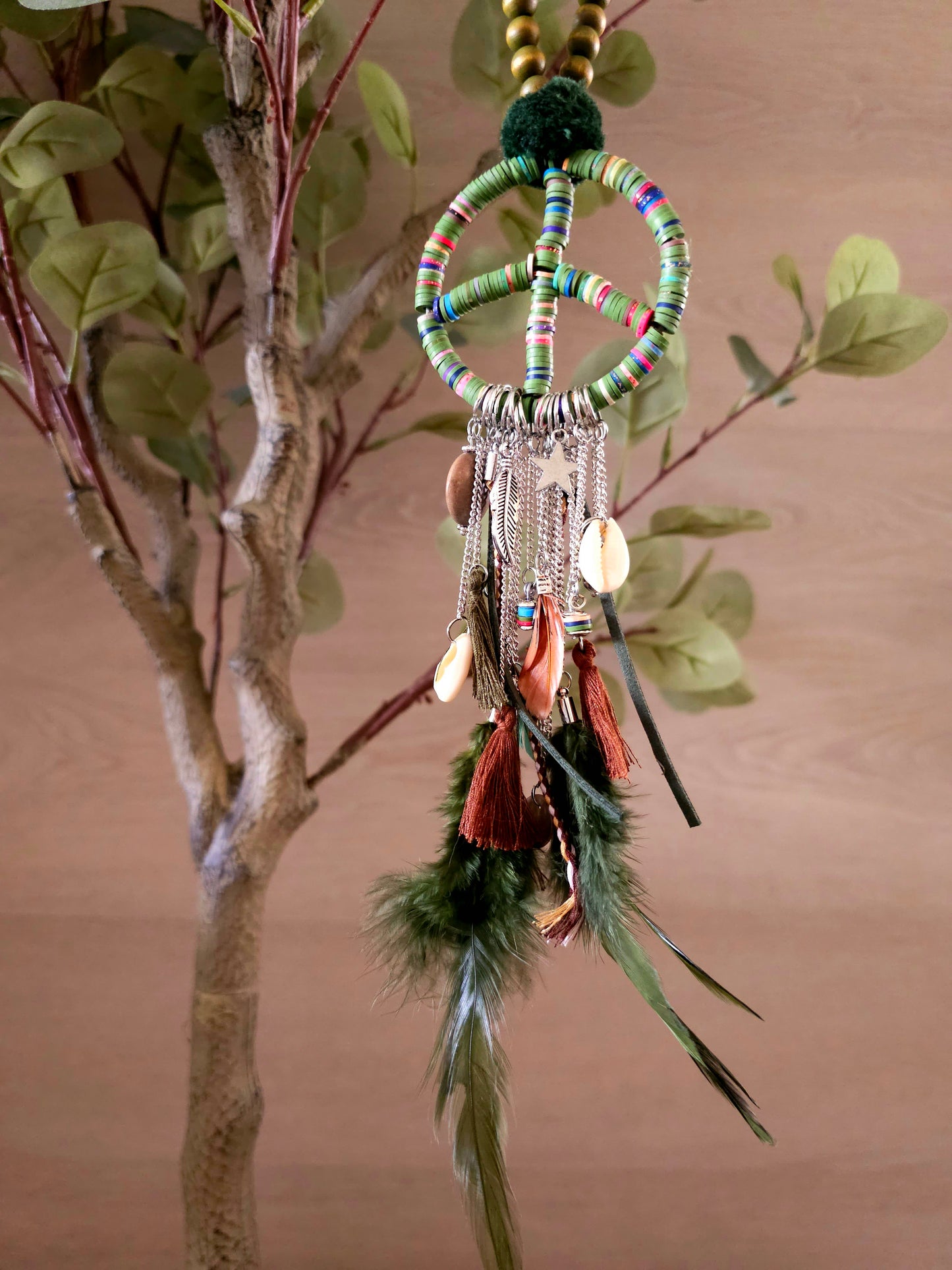 Bohemian Love and Peace Necklace with Feathers and Beads