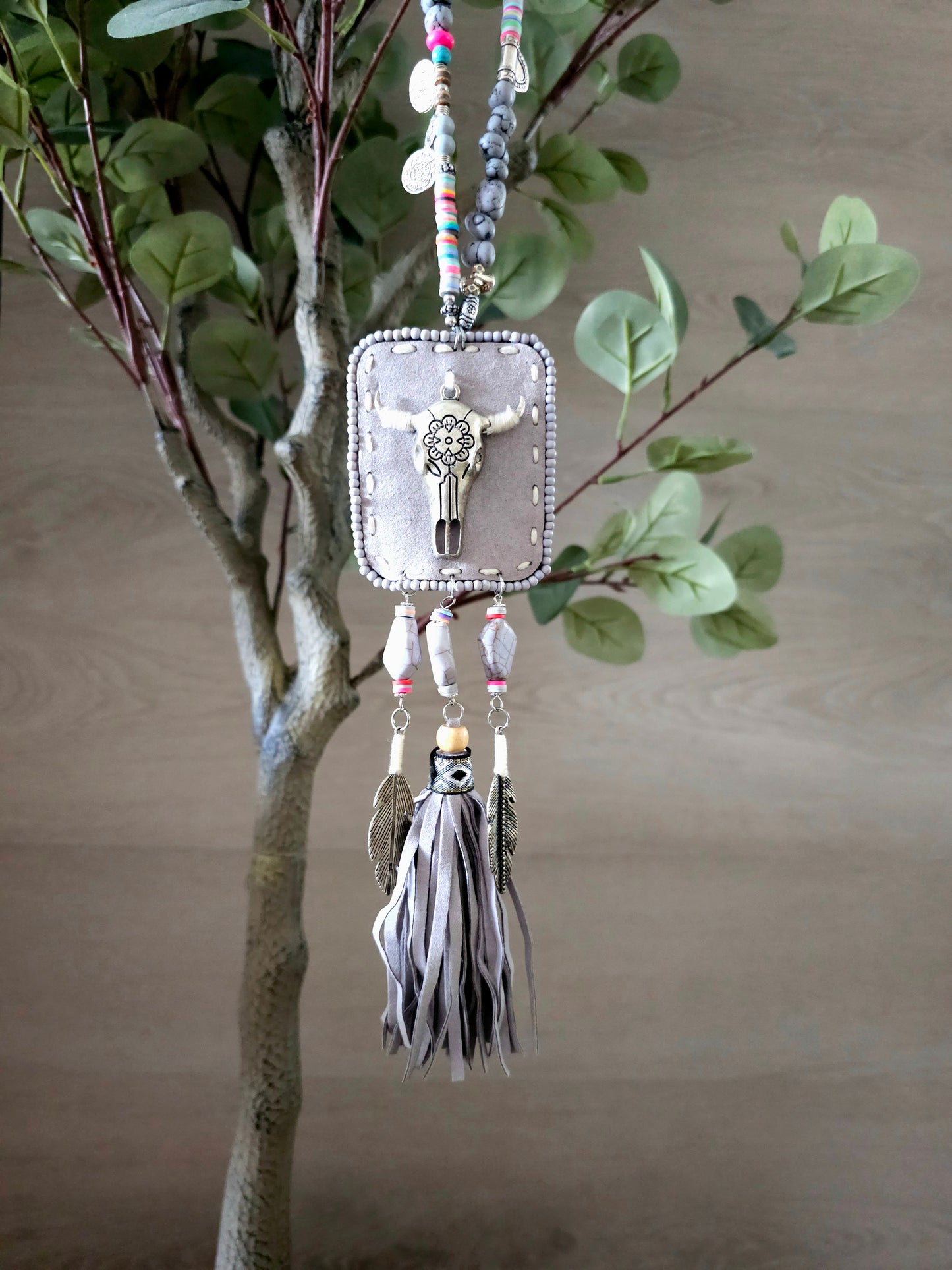 Desert Spirit Necklace with Bull Skull Pendant and Feathers