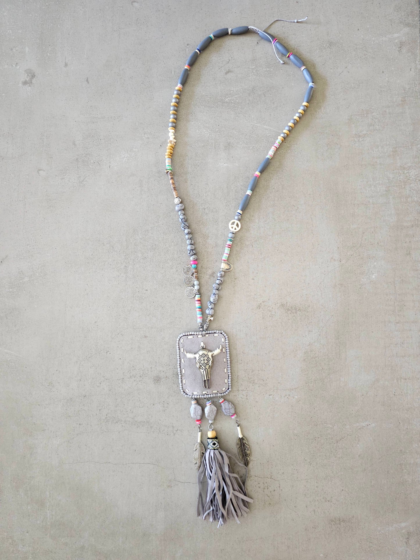 Desert Spirit Necklace with Bull Skull Pendant and Feathers