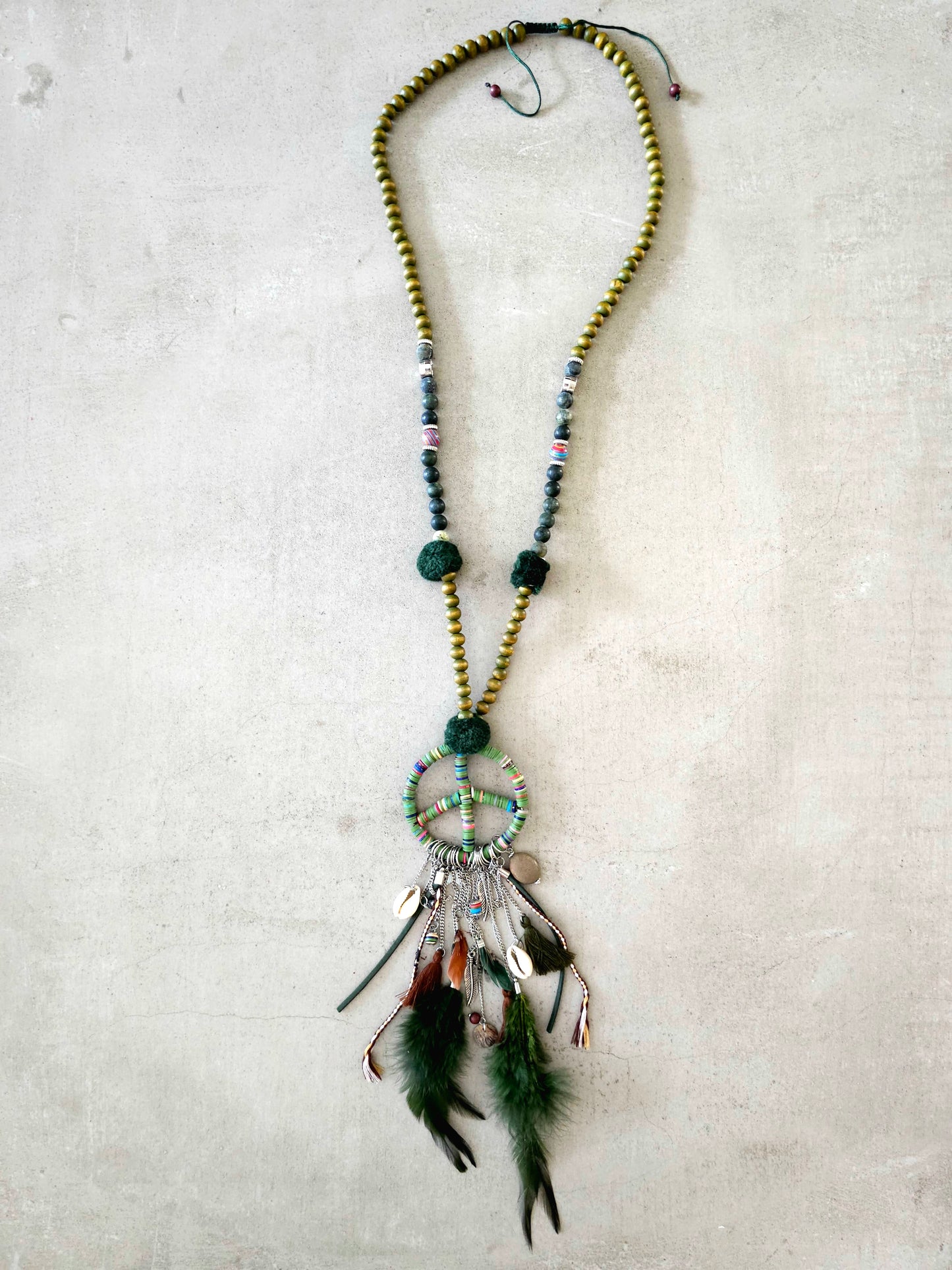 Bohemian Love and Peace Necklace with Feathers and Beads