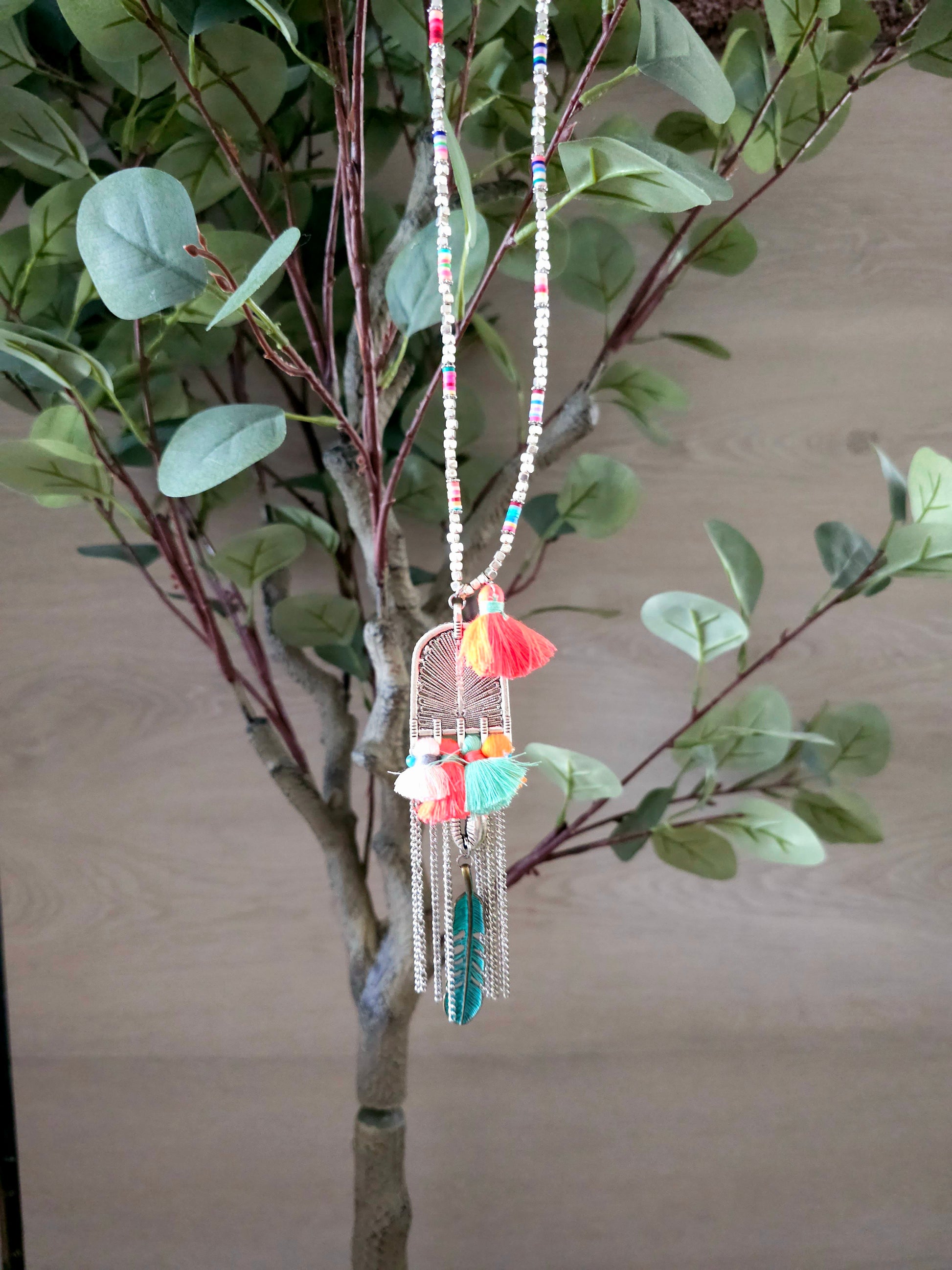 Tropical Dusk Necklace with Colorful Beads and Tassels
