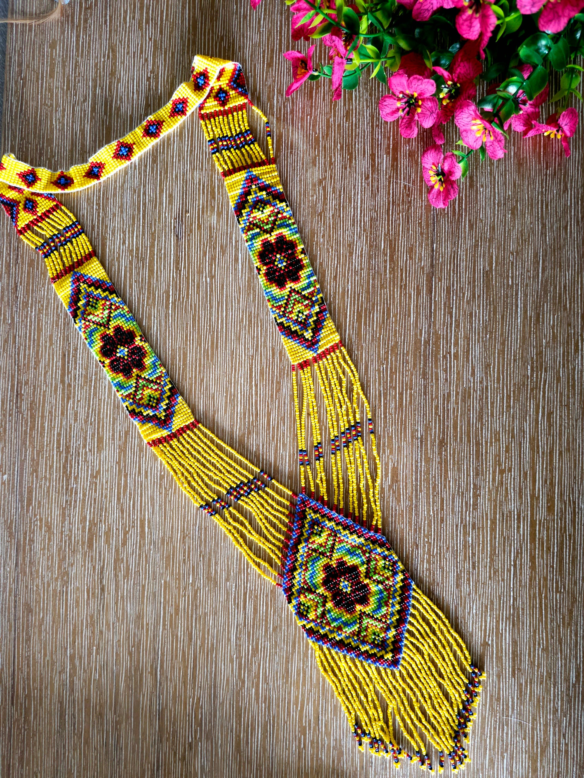 Sunburst Bloom Necklace with Floral and Geometric Patterns