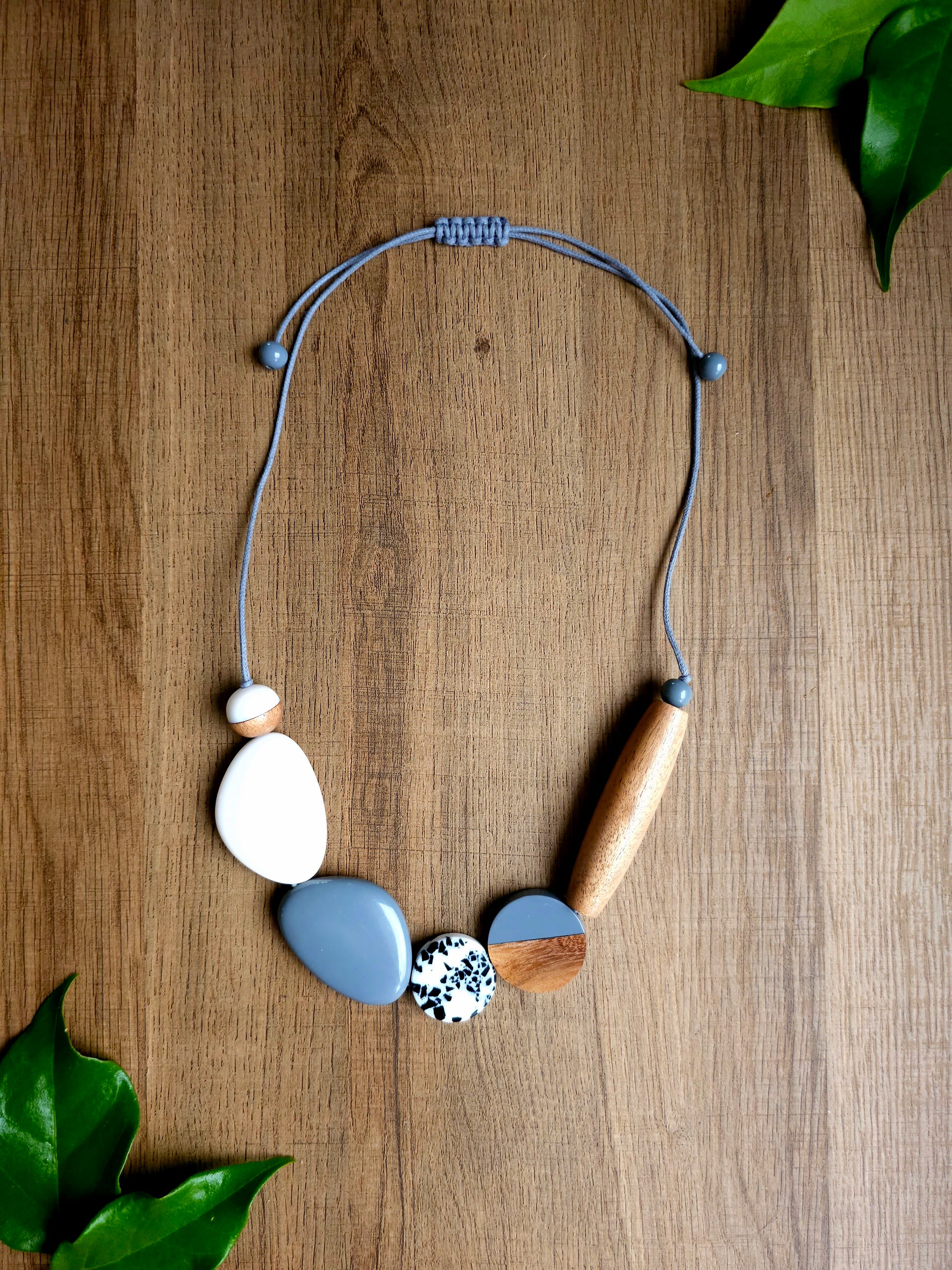 Serenity Necklace with Gray, White, and Wood Tones