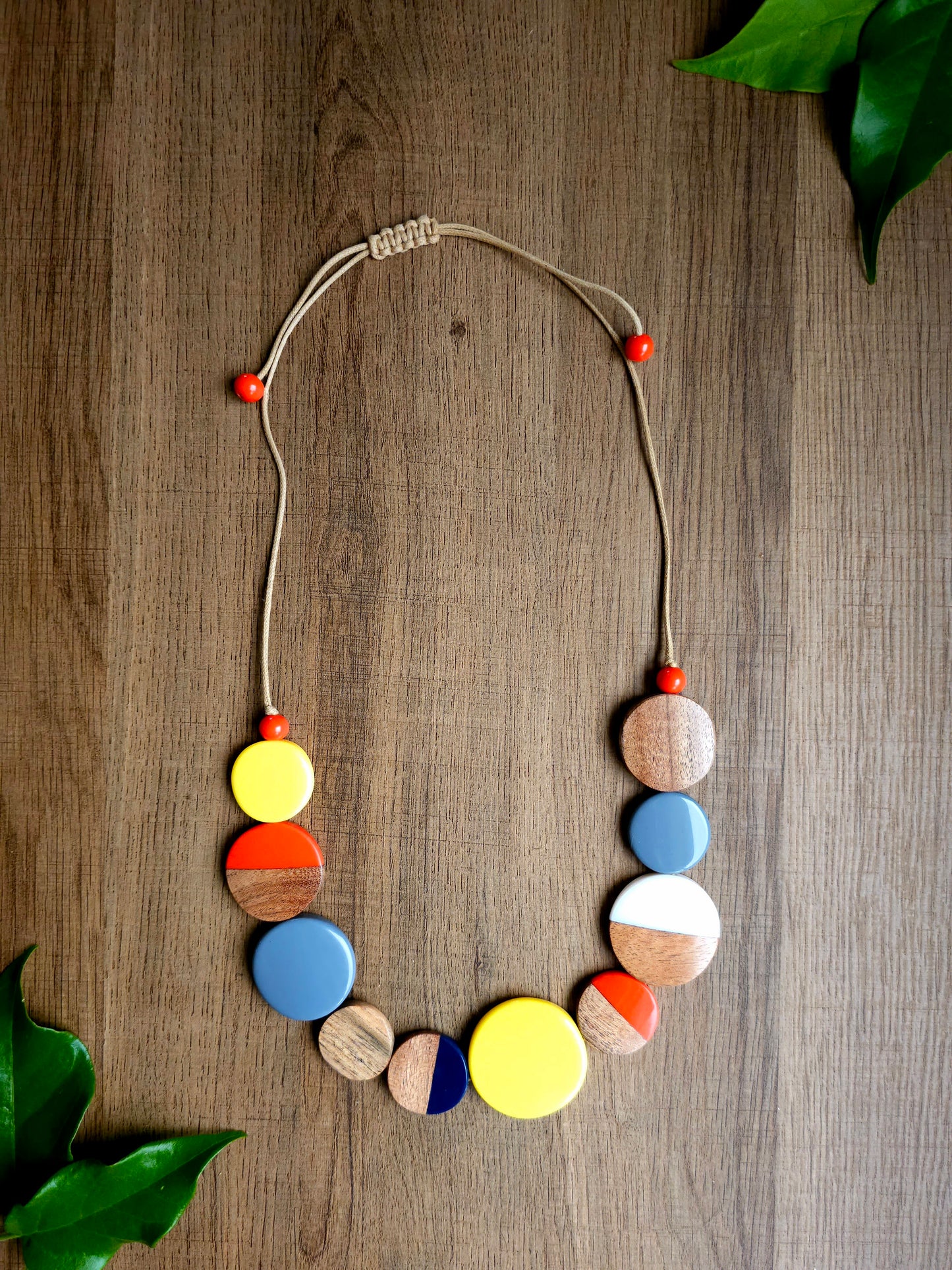 Solara Necklace with Wood and Colorful Resin Discs