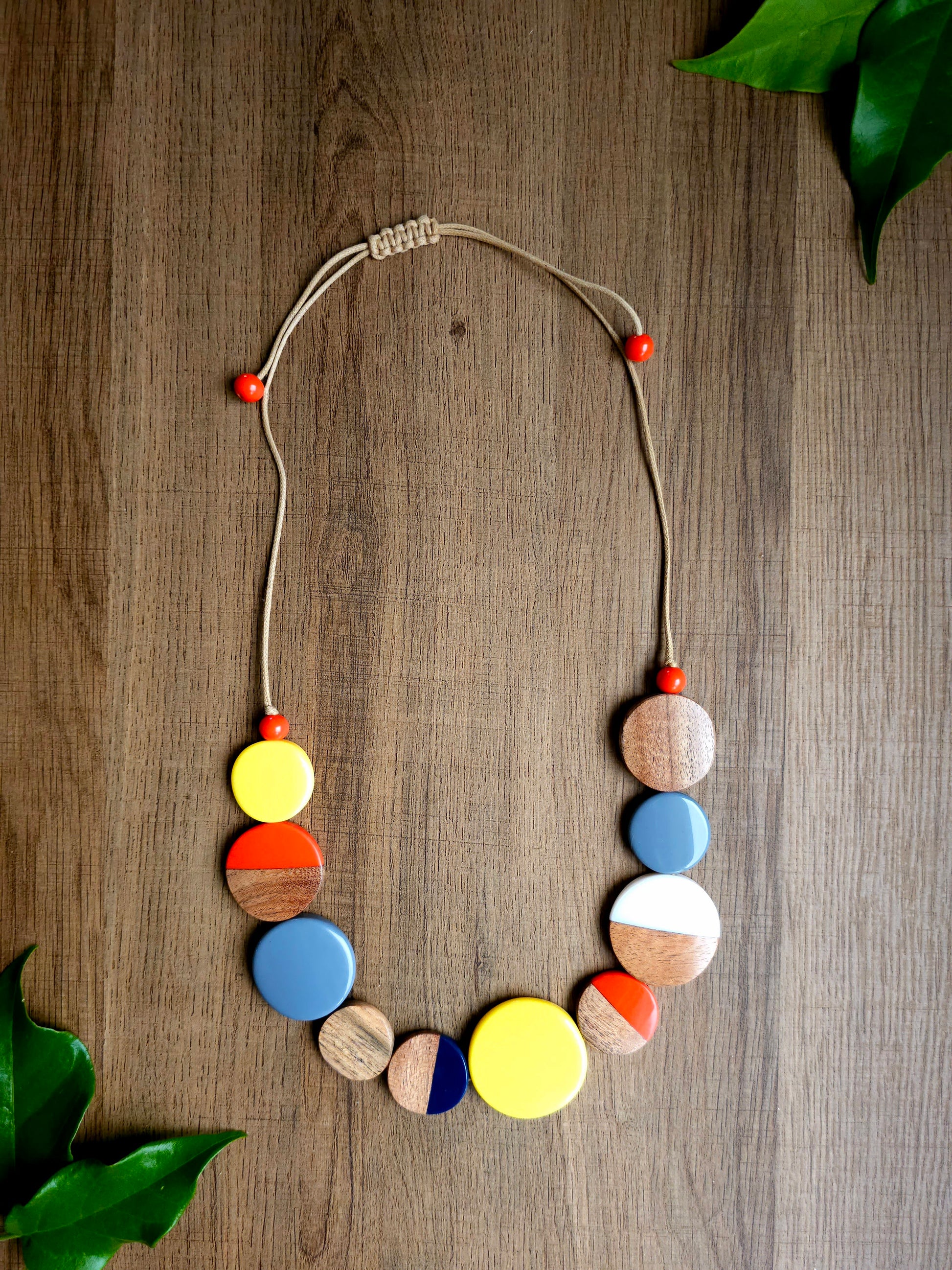 Solara Necklace with Wood and Colorful Resin Discs