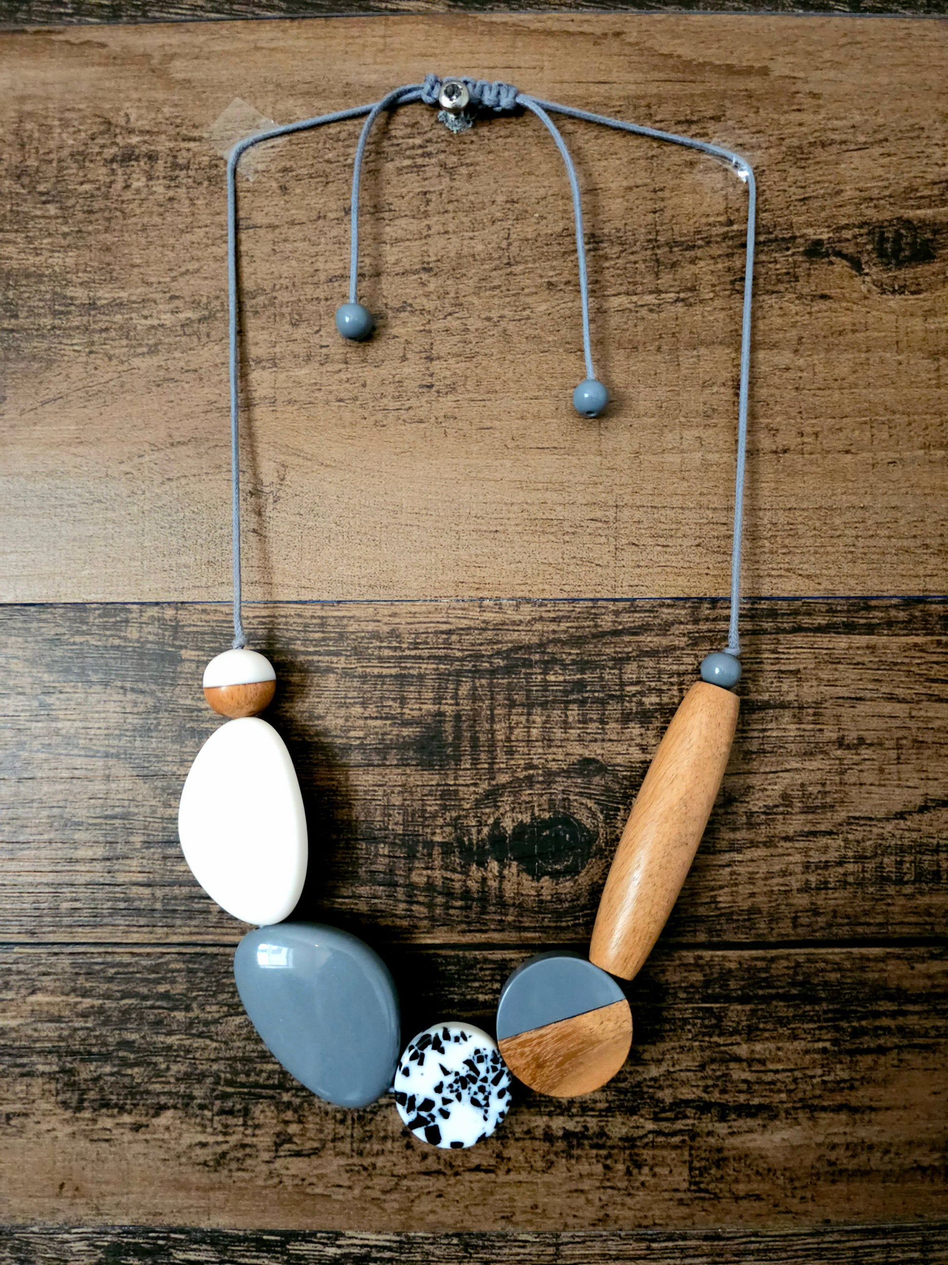 Serenity Necklace with Gray, White, and Wood Tones